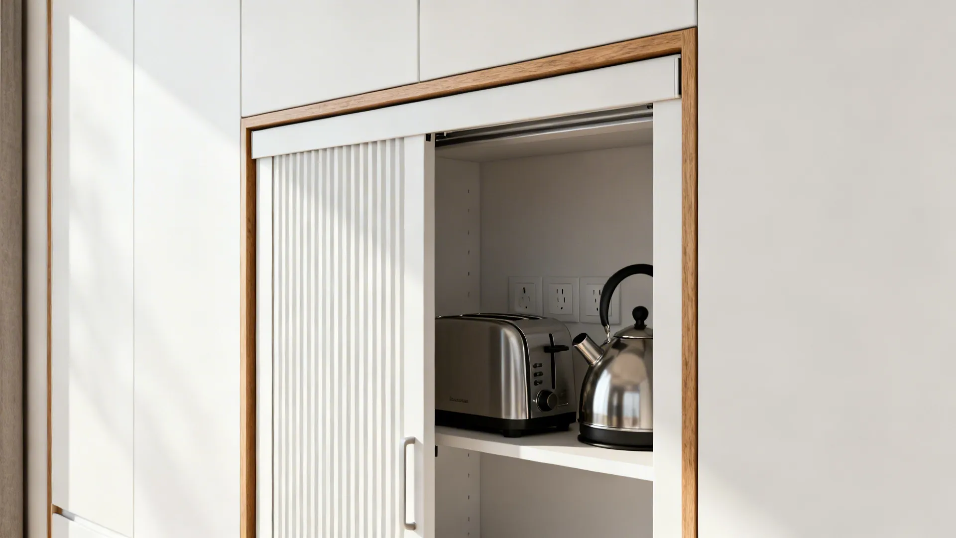 Close-up of an appliance garage next to a tall pantry with small appliances inside.