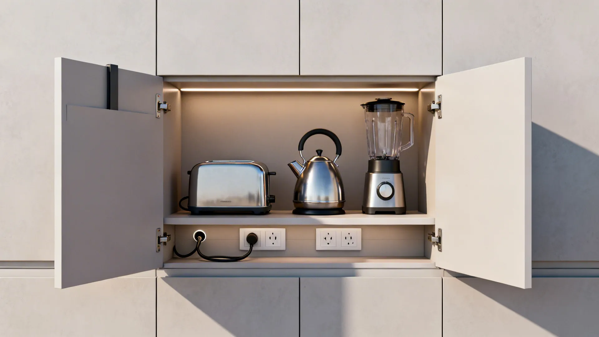 Open white kitchen cabinet storage with toaster metal kettle blender and wall power outlet sockets