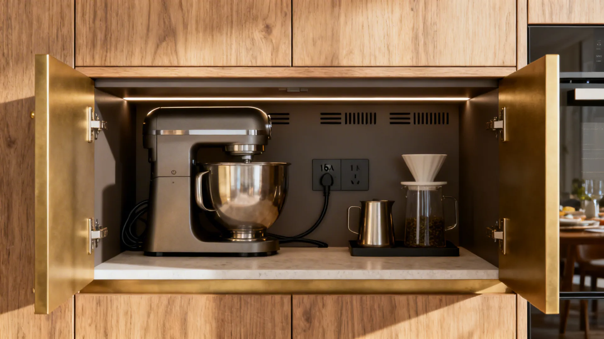 Entrance-side storage wall with appliance garage