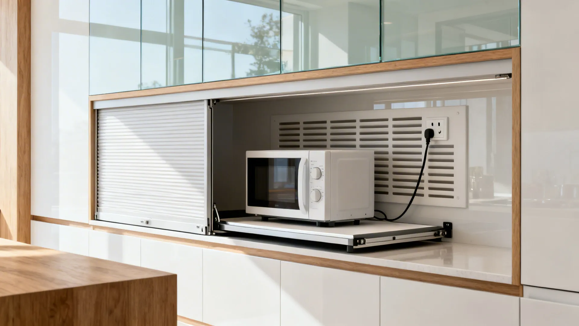 Appliance garage with a tambour door and a microwave on a slide-out tray with vented back.