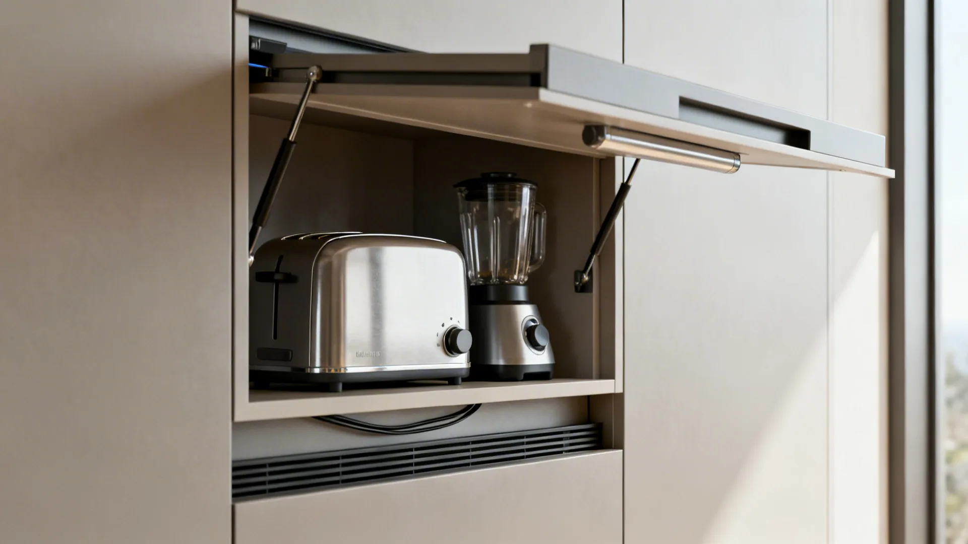 Vertical appliance garage opened to reveal toaster and blender stored neatly