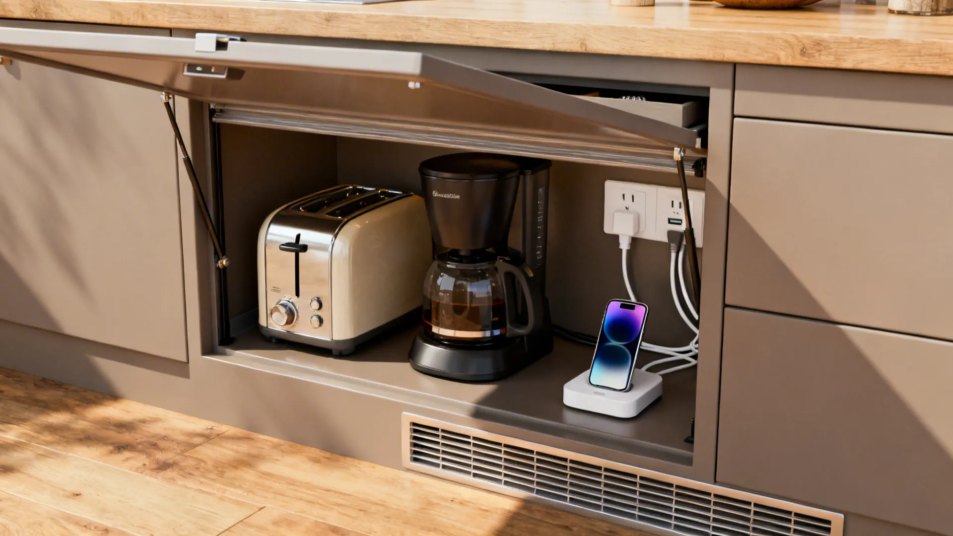 Appliance garage with hidden roll-up door and integrated charging station
