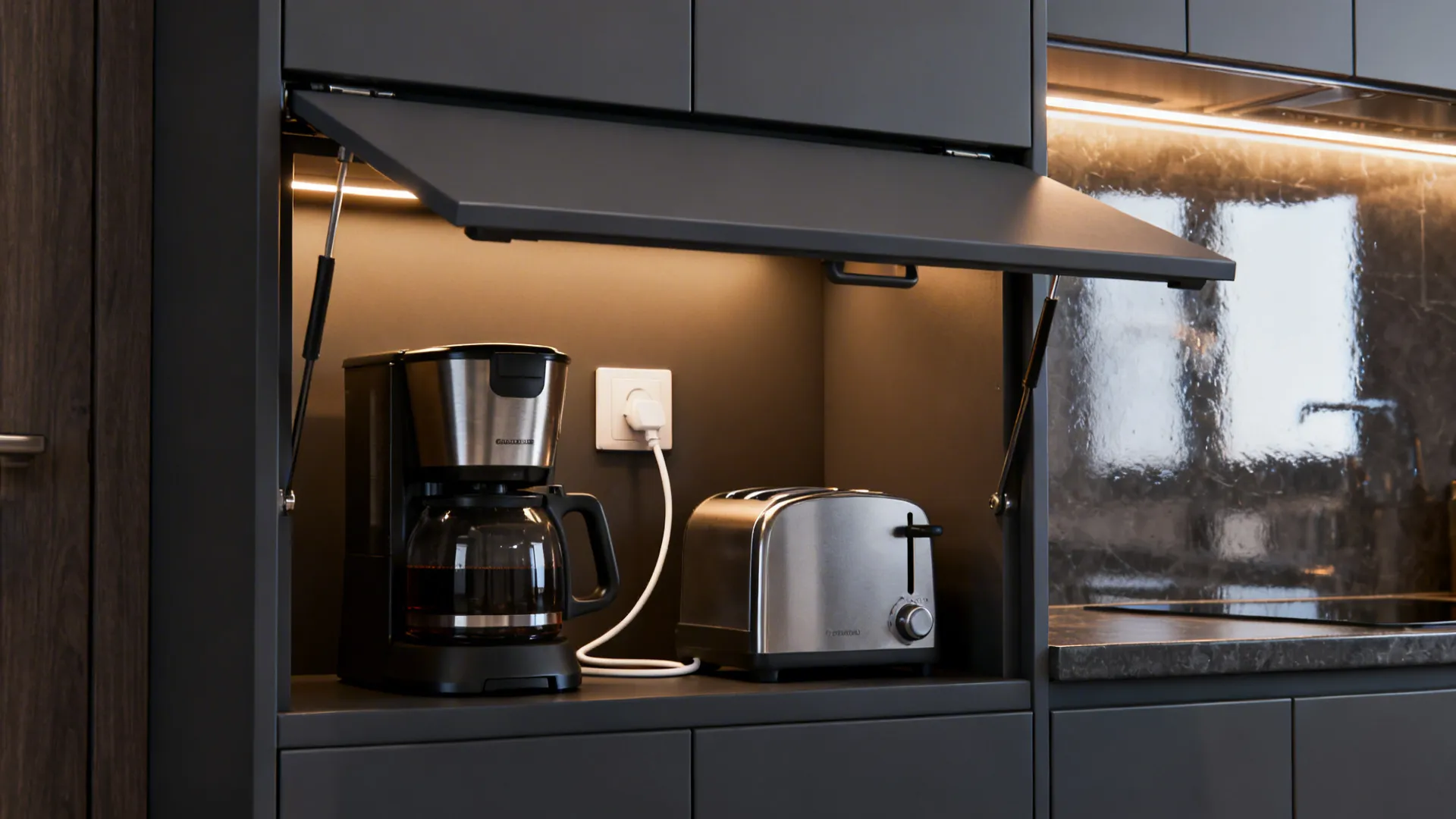 Dark grey kitchen cabinet with lifting door housing a coffee machine and a silver toaster