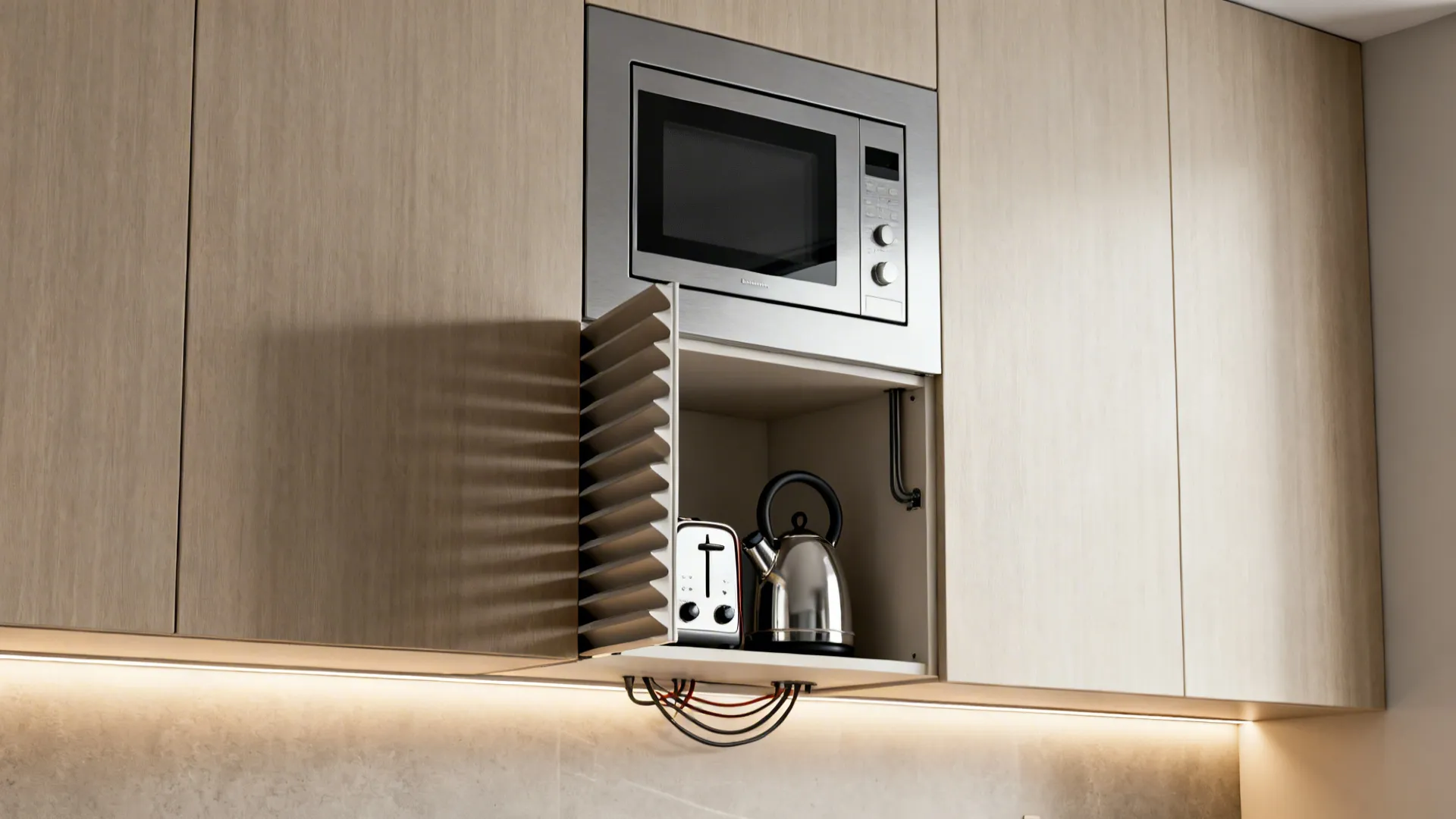 Vertical appliance garage and integrated microwave neatly stored in upper kitchen cabinets.
