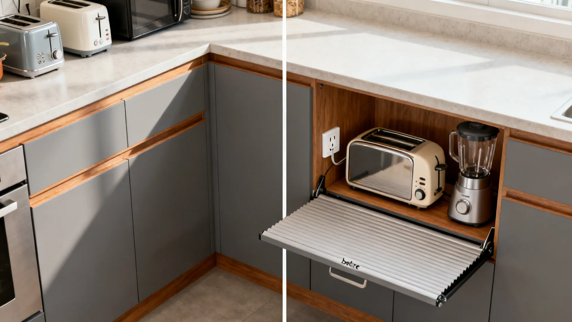 Split view showing a cluttered counter versus a clean counter with an open appliance garage.