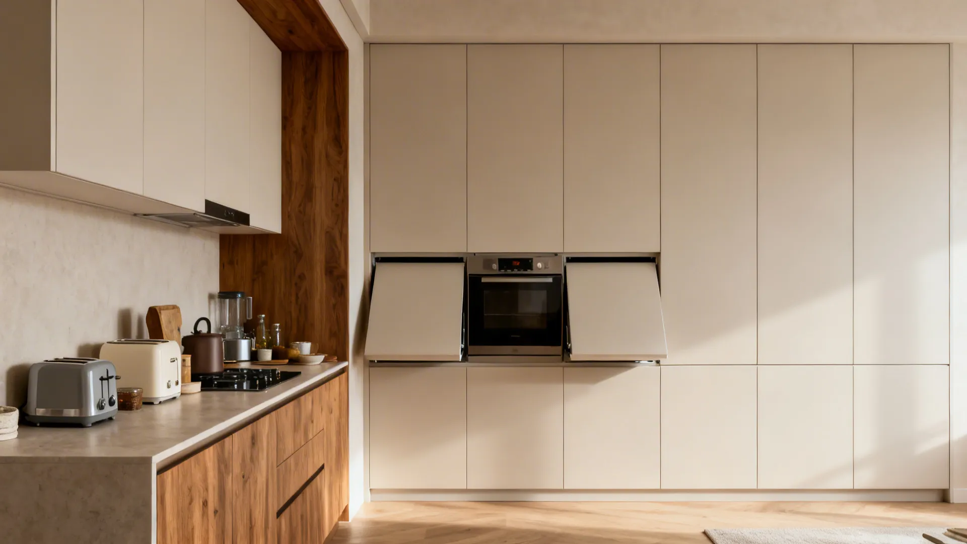 Before and after of an open kitchen wall transforming from cluttered counters to closed appliance garages and full-height fronts.