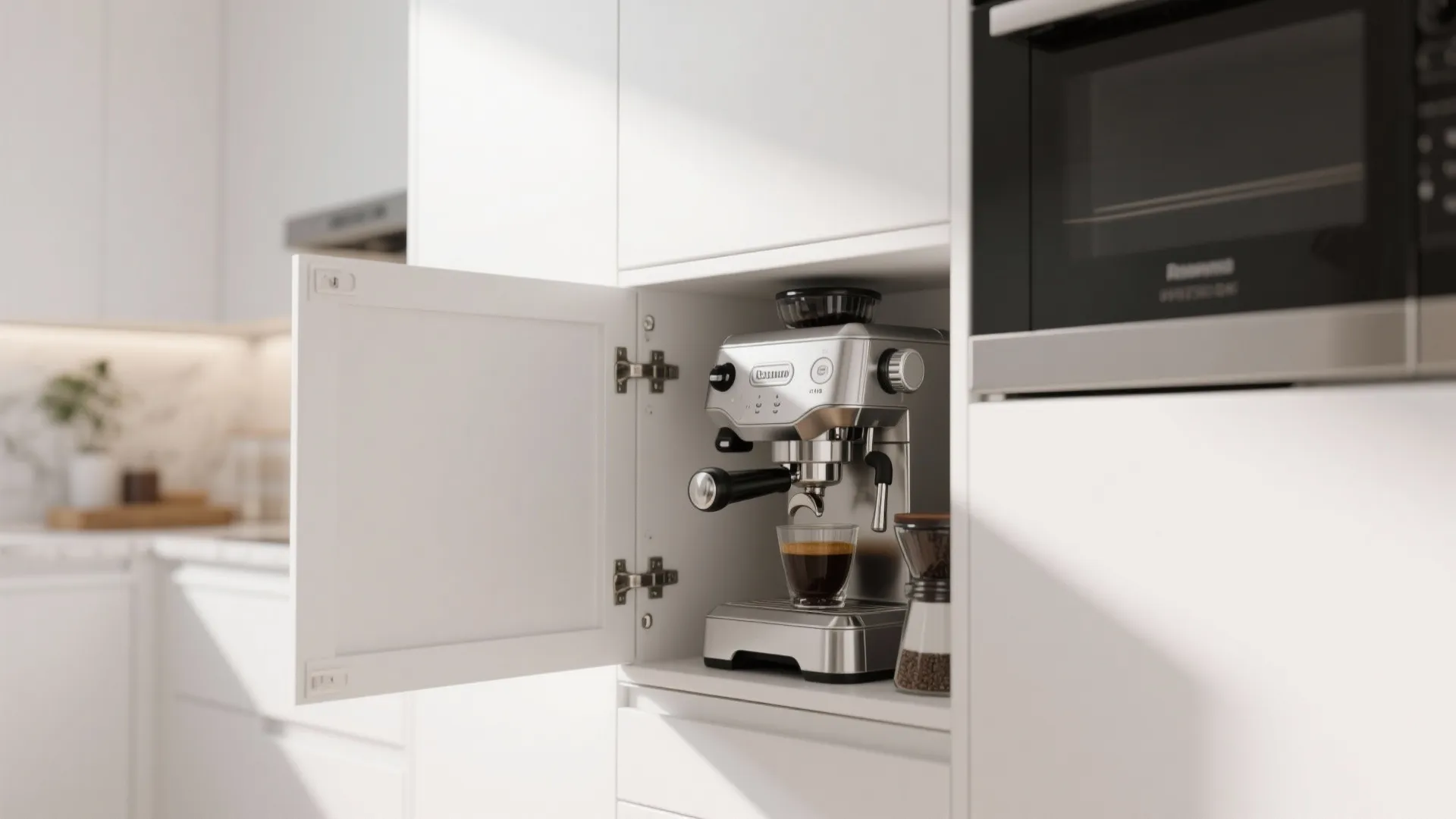 Silver coffee machine inside a white kitchen cabinet shelf next to a black microwave oven
