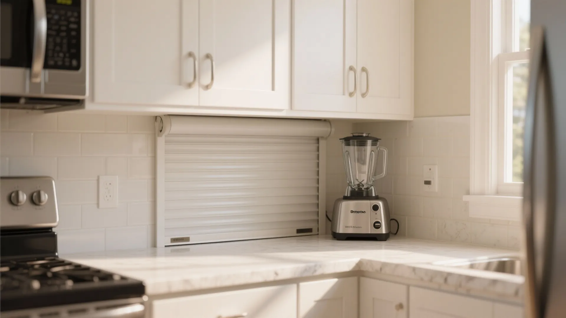 Kitchen counter with a white appliance storage shutter next to a blender and white cabinets