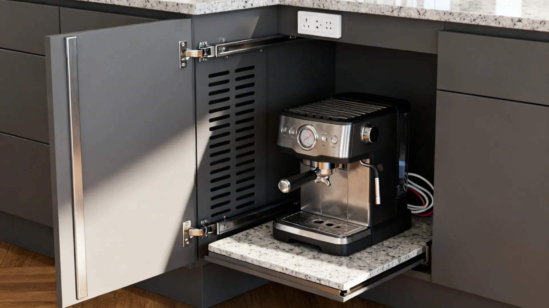 Close-up of a lift-up appliance garage with power and ventilation in an L-shaped island corner.