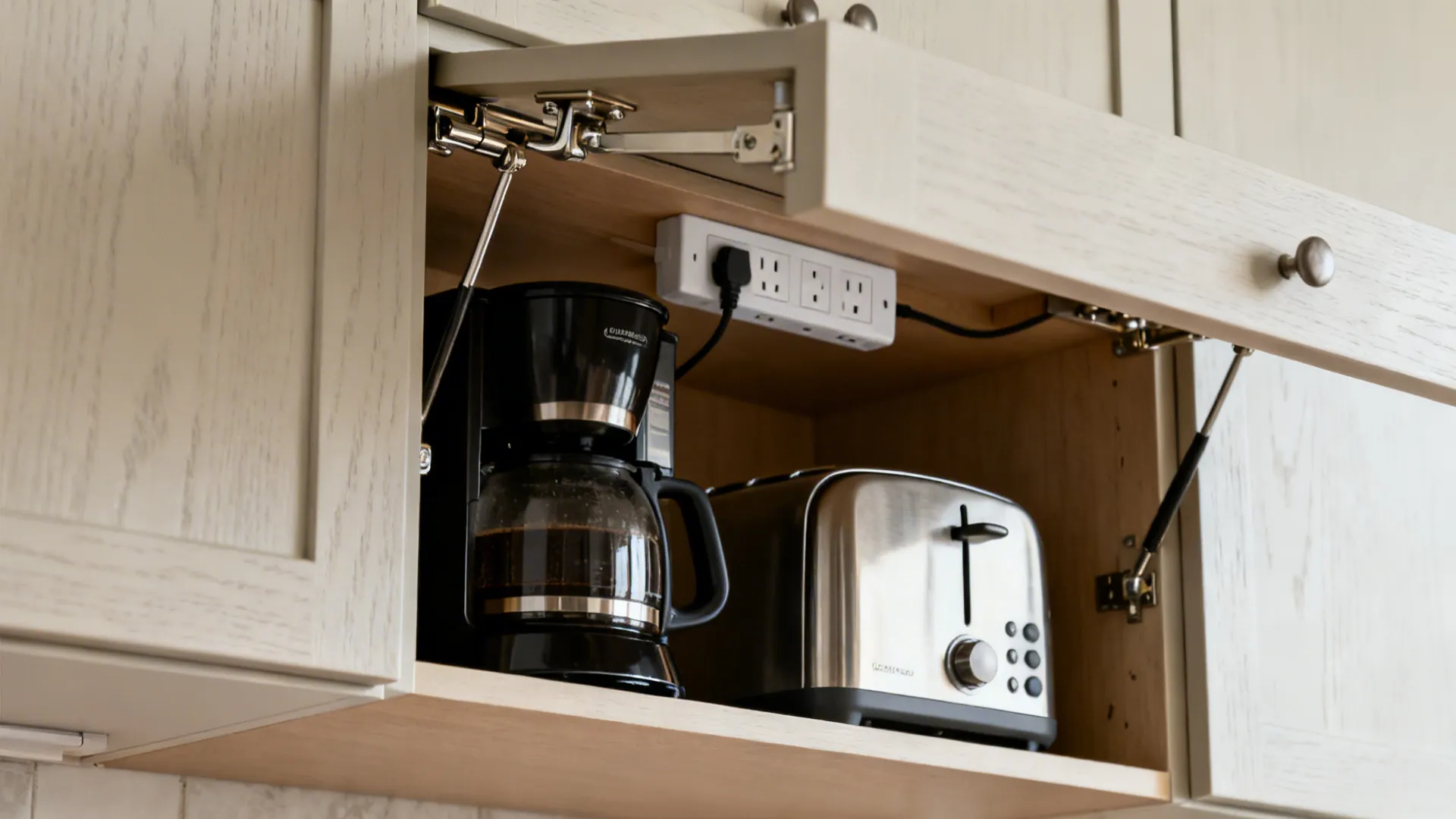 Close-up of a flip-up door appliance garage with interior outlets and smooth hardware.