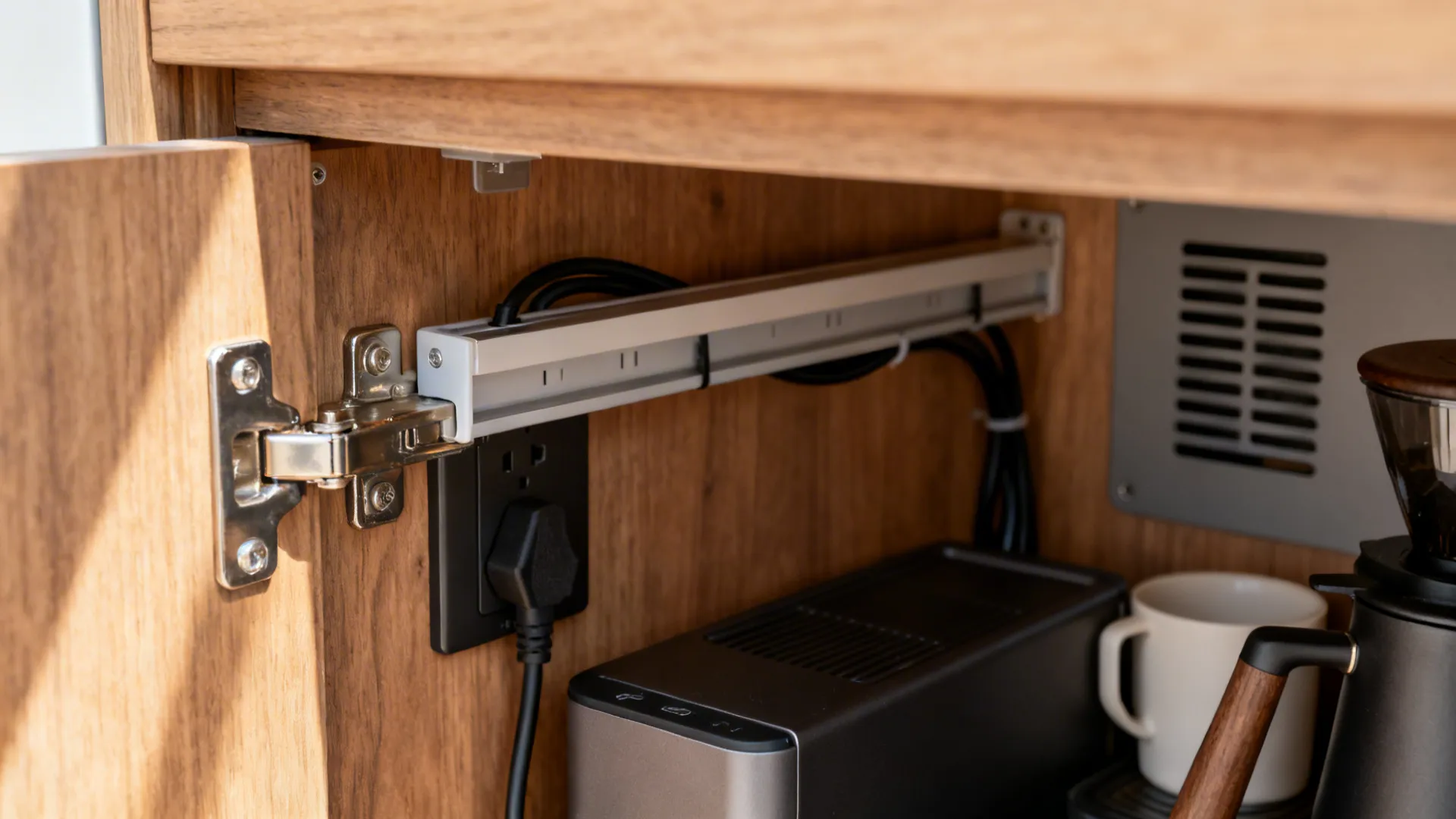 Macro of a lift-up appliance garage with hinge, outlet rail, and rear ventilation slot for safe operation.