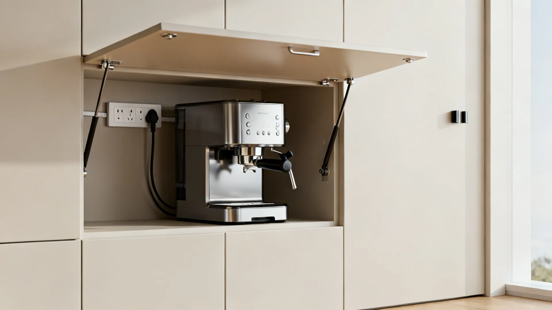Close-up of a lift-up appliance garage with integrated plug strip and minimal full-height fronts.