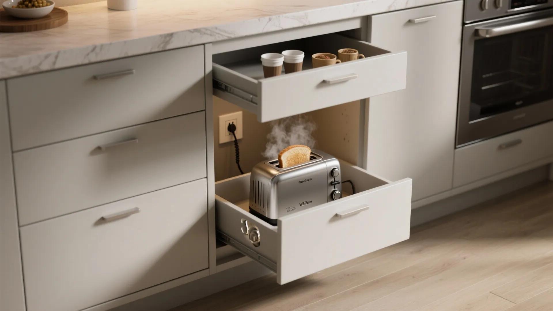 Modern kitchen with a silver toaster inside a pull out white cabinet drawer making toast