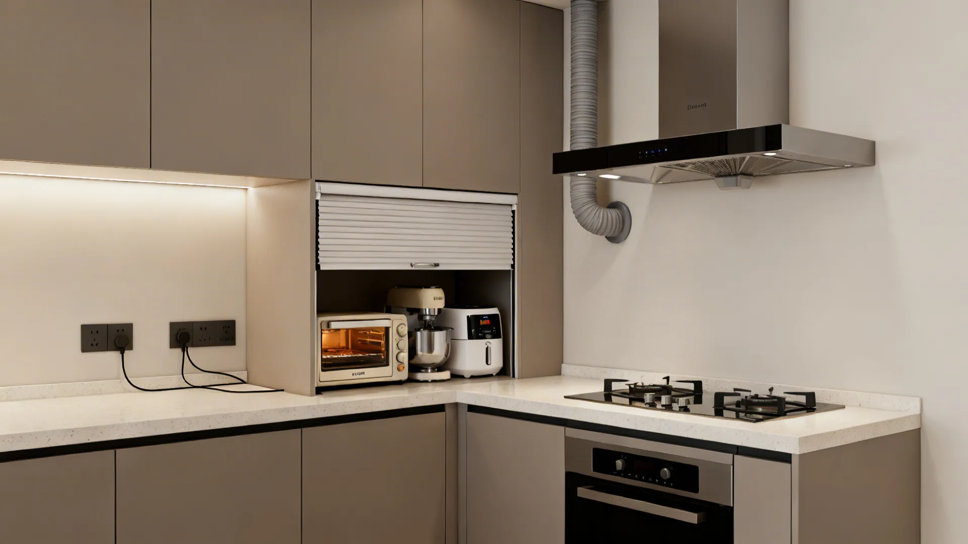 Appliance garage with roll-up shutter and a ducted chimney with smooth exterior venting.