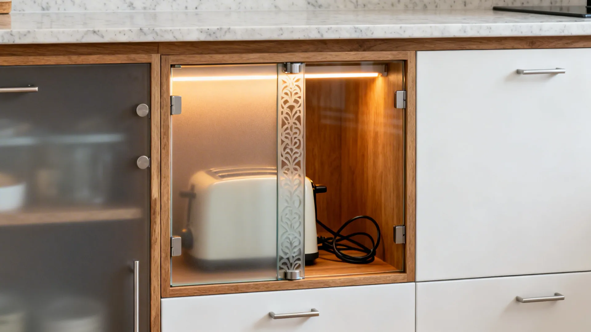 Carved Glass Appliance Garage and Niche Doors