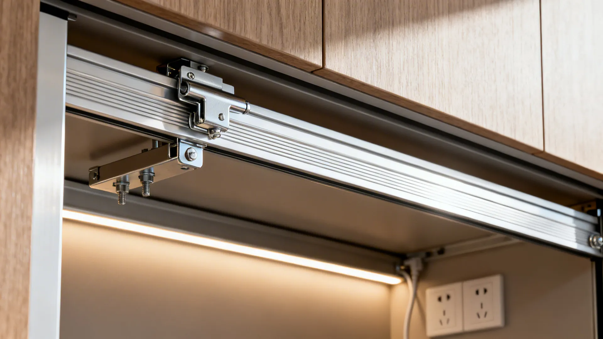Macro detail of tambour door track and lift-up hinge inside an appliance garage with LED lighting.