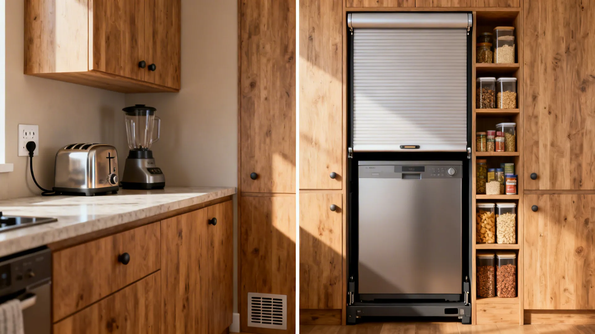 Before-and-after view showing a cluttered counter versus an appliance garage beside organized pantry shelves.