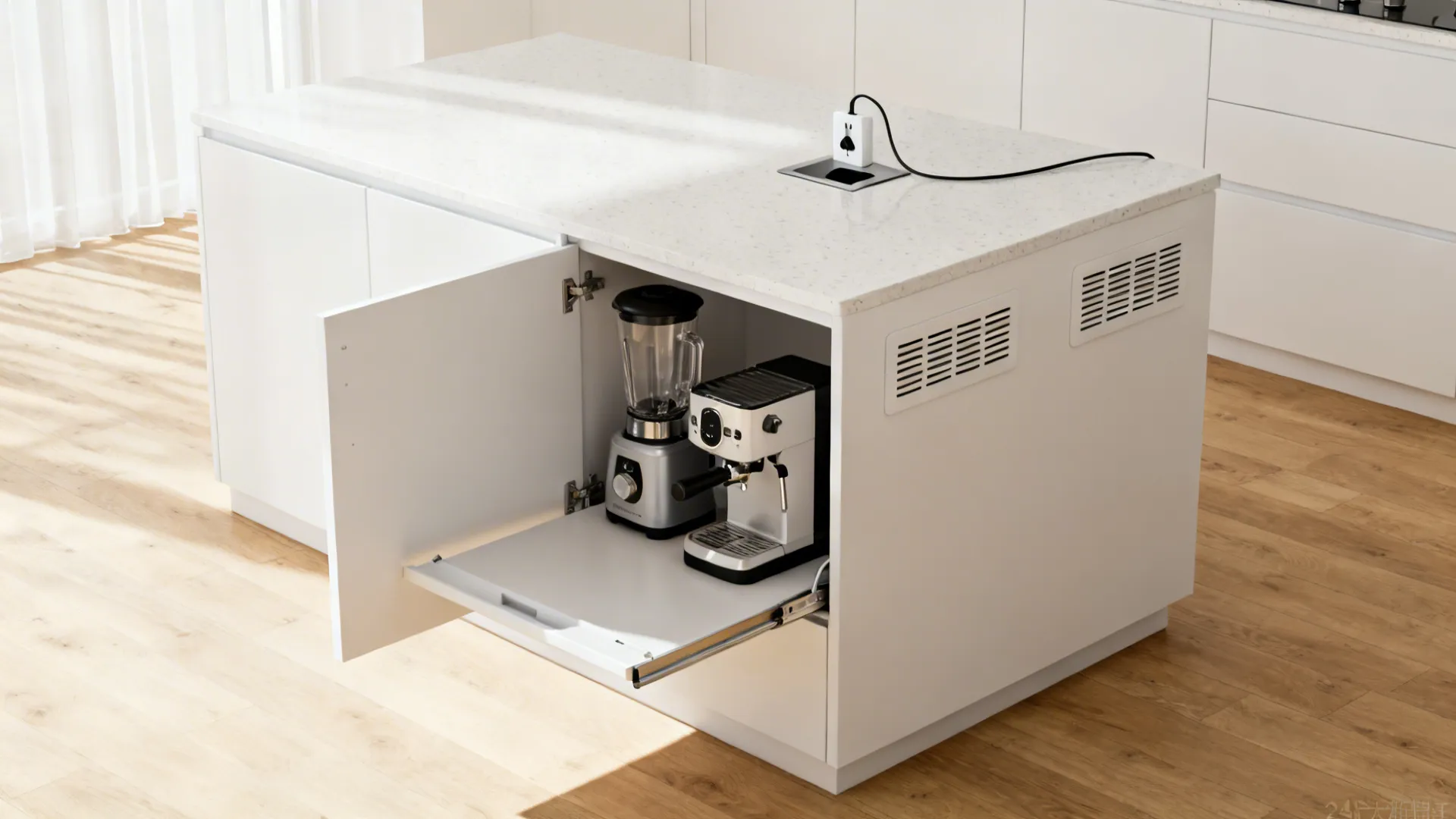 Small island with a flip-up appliance garage and a pop-up outlet for easy power access.