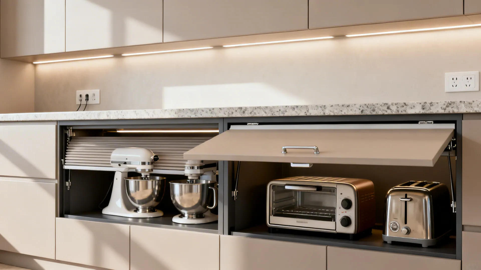 Compact kitchen with appliance garage featuring slide-up and lift-up doors hiding small appliances.