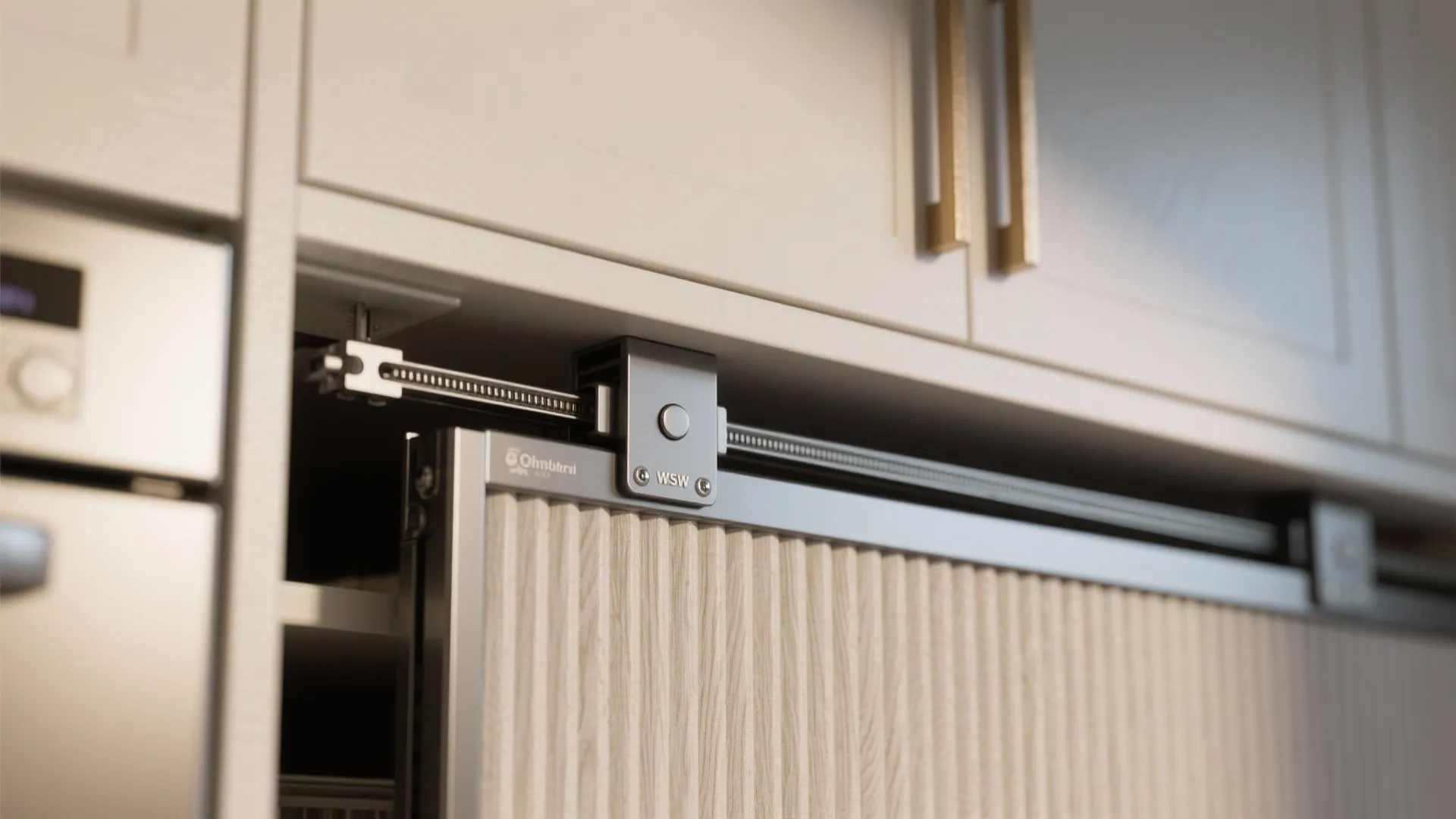 Close up view of metal sliding door track mechanism on white kitchen cabinet with panels