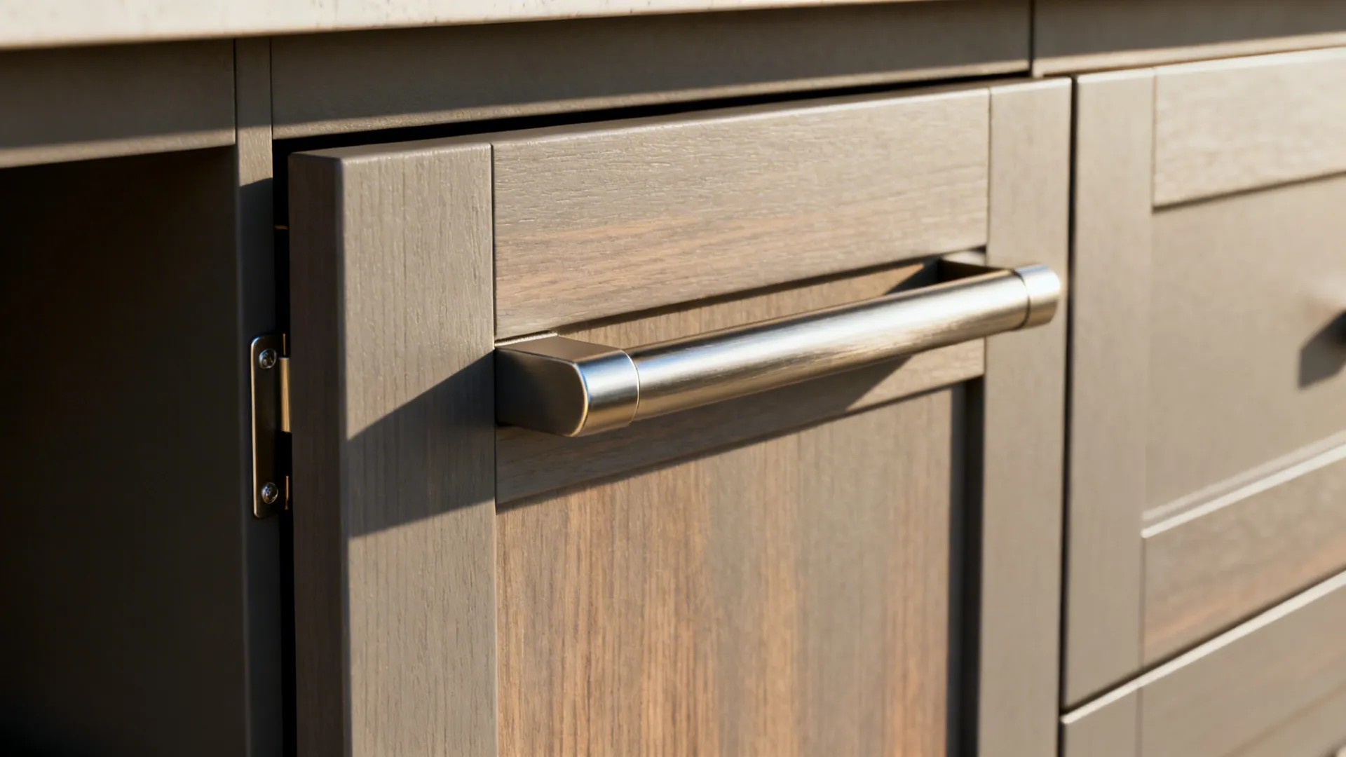Close-up of a pocket door appliance garage with soft-close hardware and matte cabinet finish.