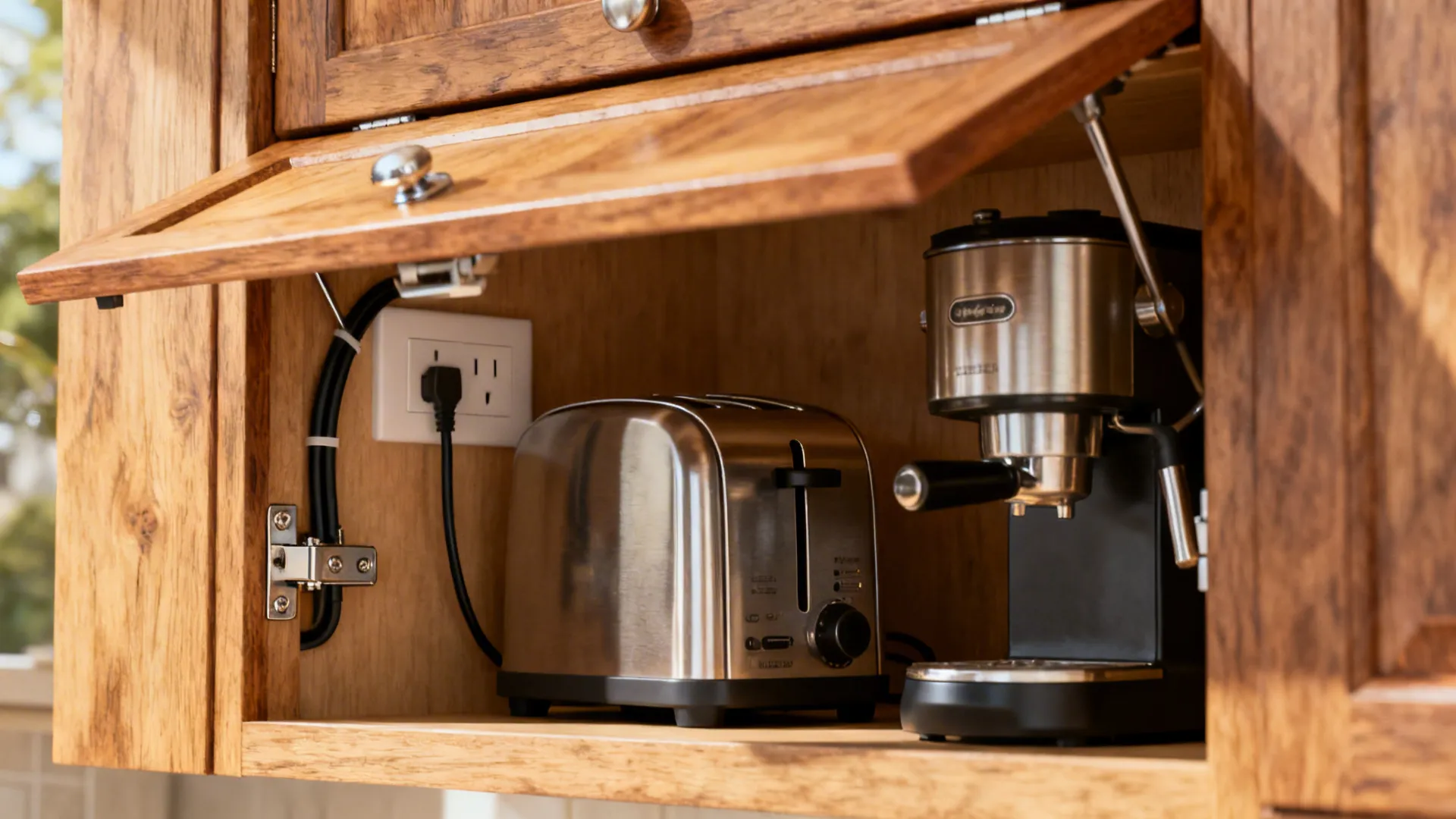 Wood cabinet with an open door storing a silver toaster and a black coffee machine