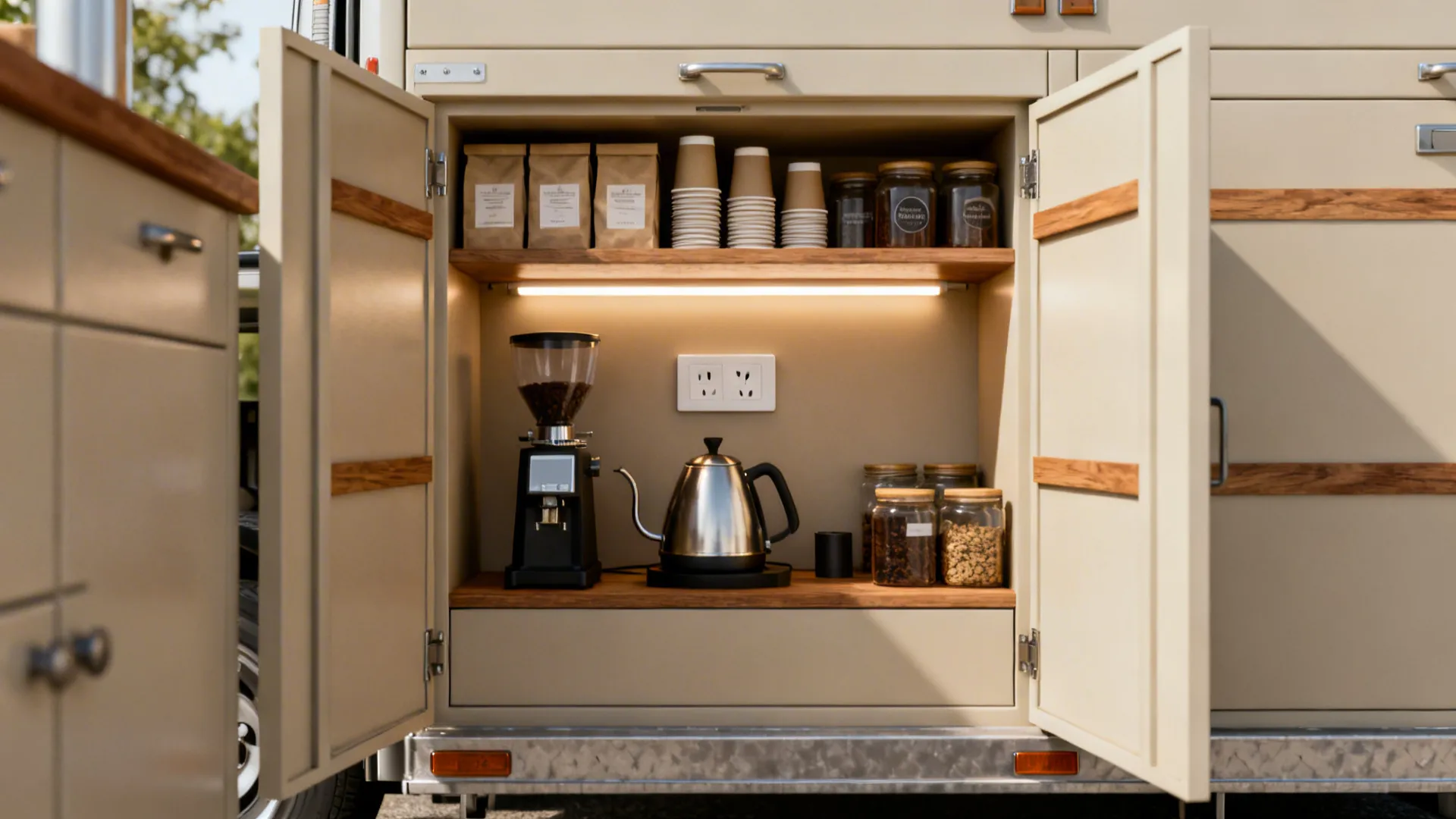 Appliance garage converted into a coffee nook with shelves, LED lighting, and a grinder