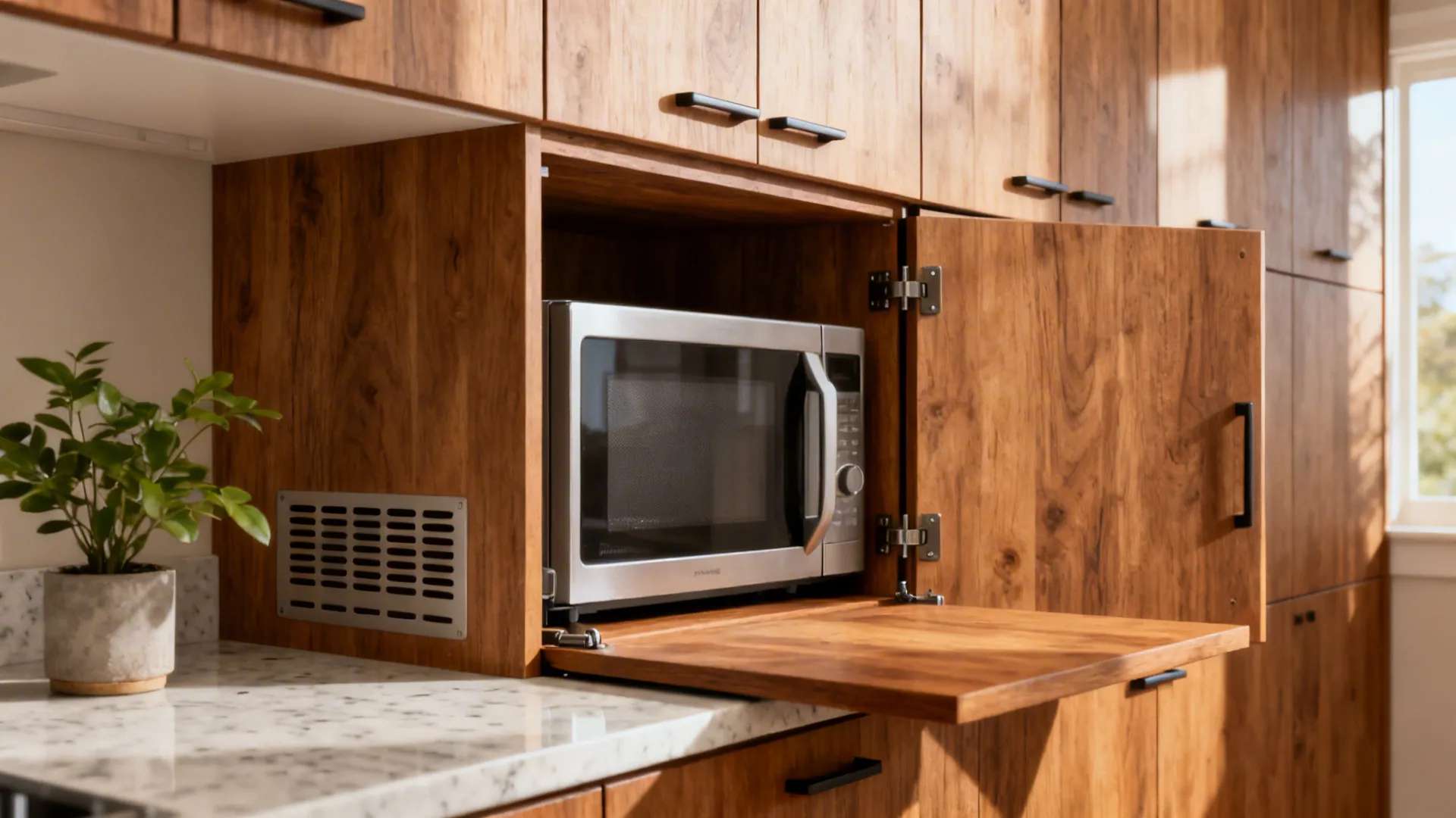 Appliance garage with pocket doors open to a compact microwave and rear vent slots.