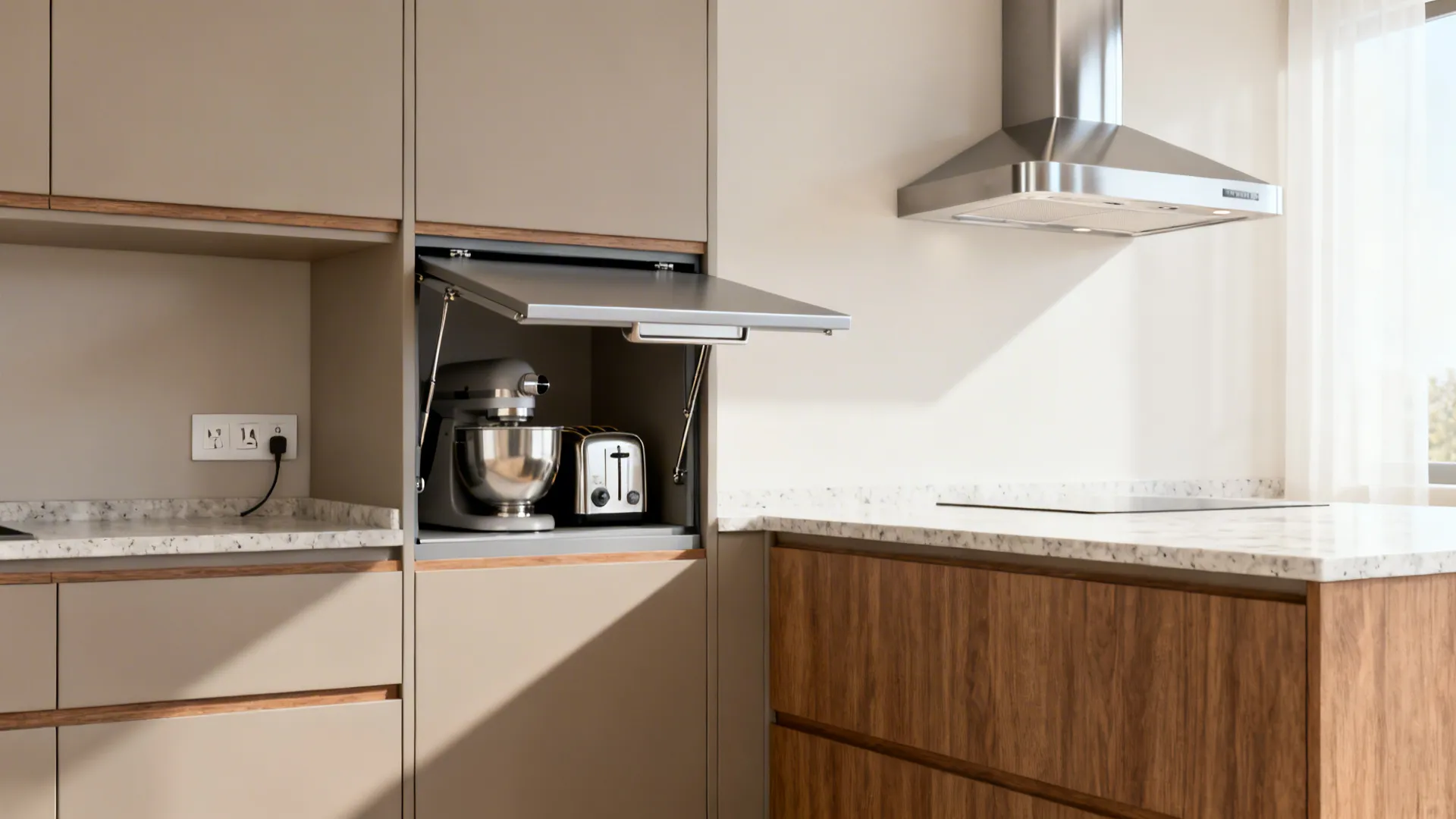 Modern kitchen cabinet with open door revealing a silver stand mixer and a metal toaster