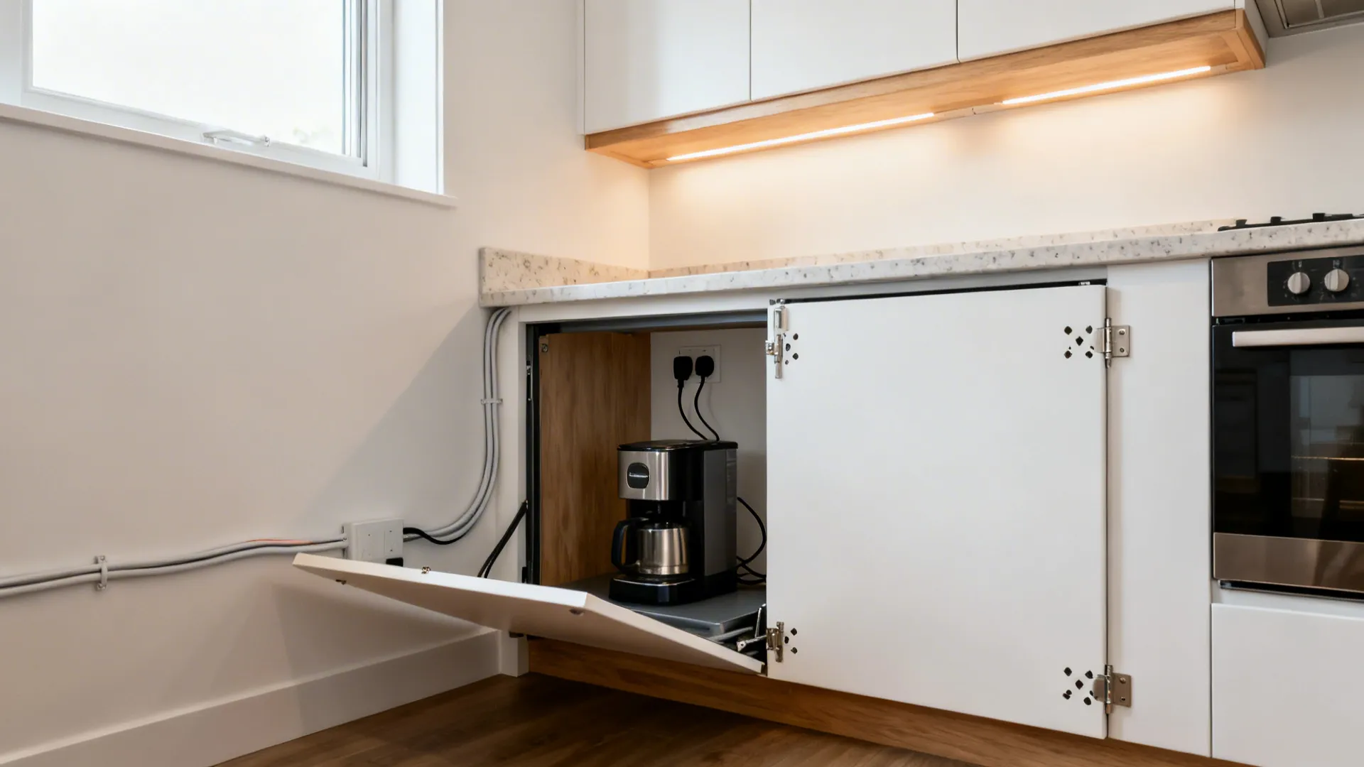 Small kitchen with a flip-up appliance garage revealing a coffee maker and tidy cable pass-through.