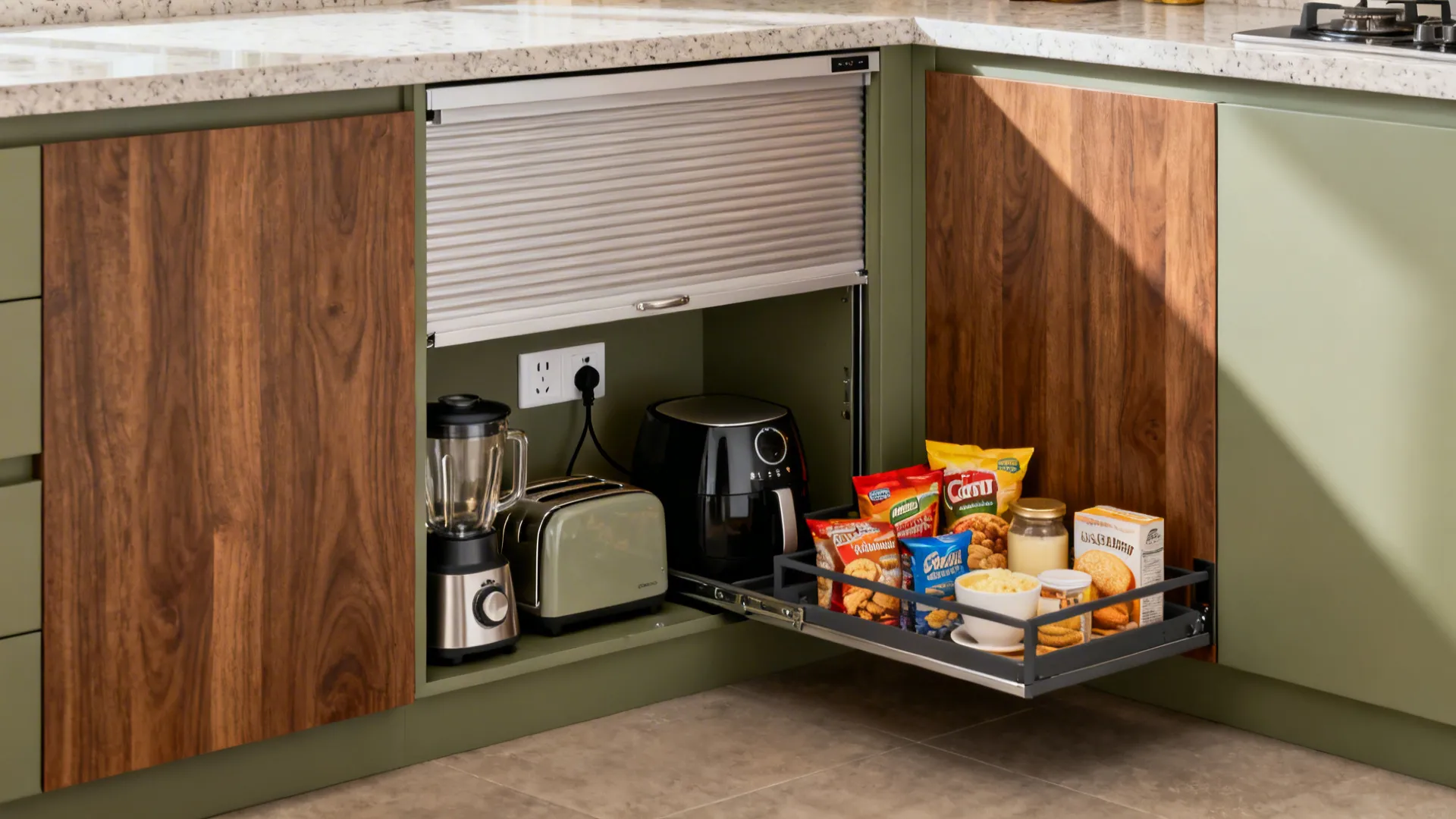 Compact appliance garages and slide‑out pantries