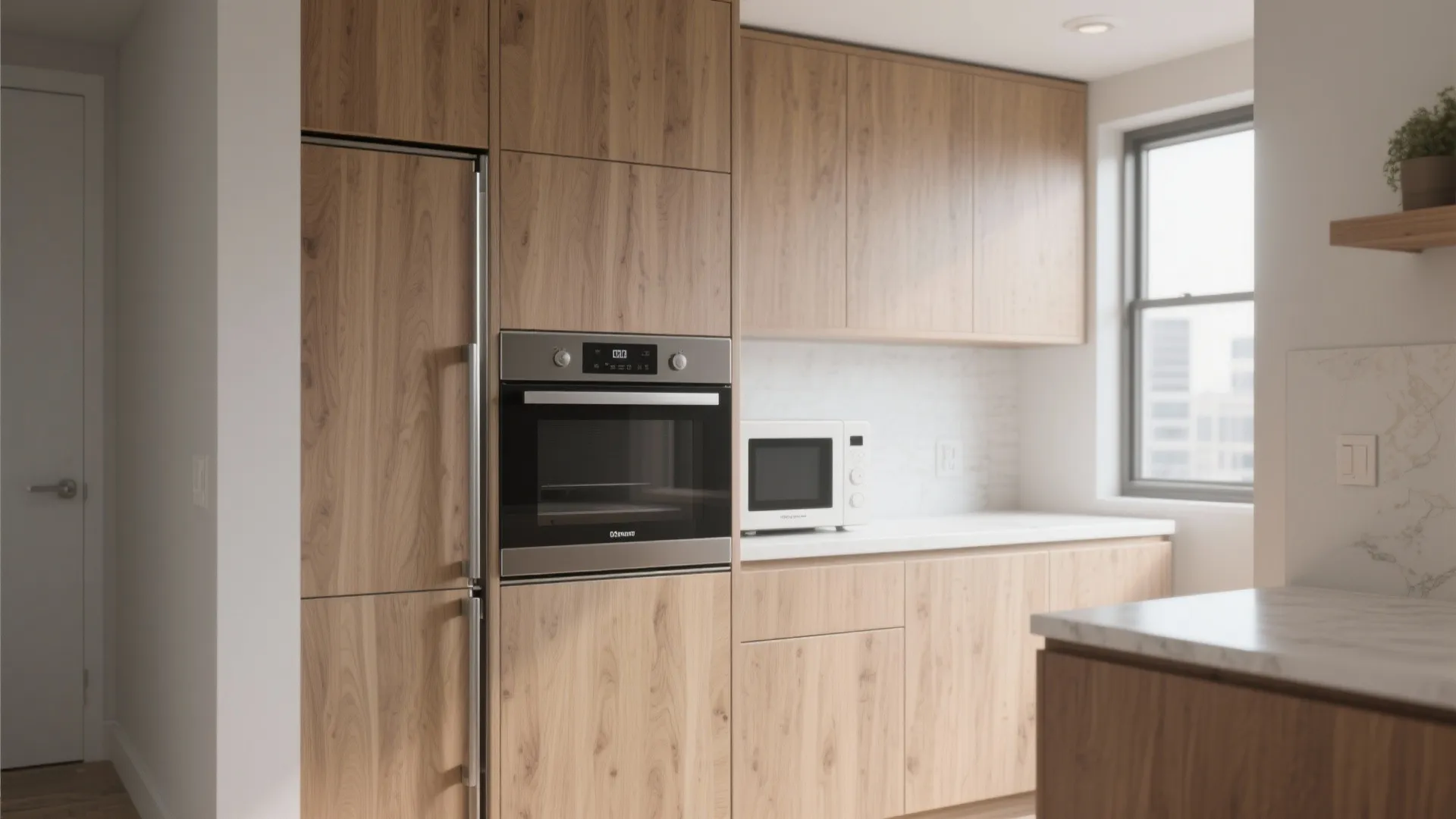 Modern kitchen with wood cabinets integrated black oven white microwave and marble countertop next to window