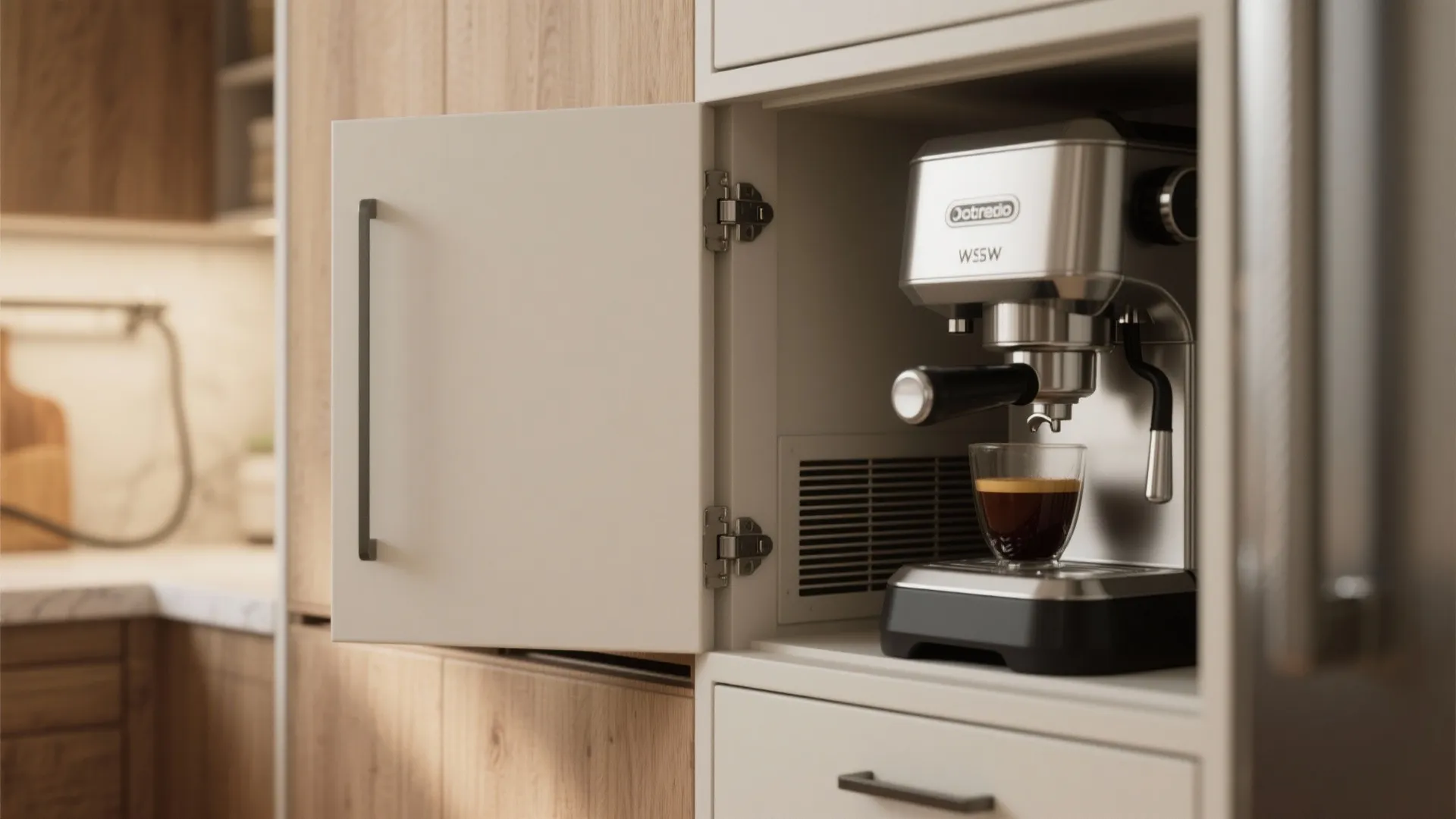 Close-up of a kitchen appliance garage with pocket doors, showing cable slot and hidden vent