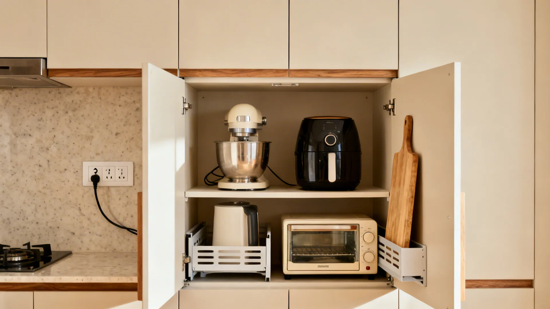 Pocket-door appliance garage with small appliances and outlet cluster in a compact kitchen