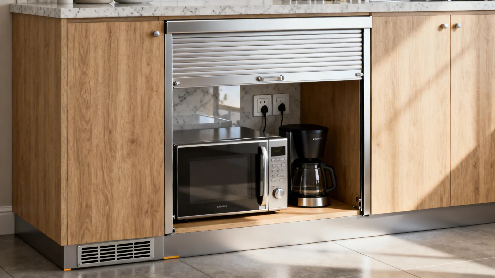 Appliance garage with a roll-up tambour door revealing a microwave and coffee setup