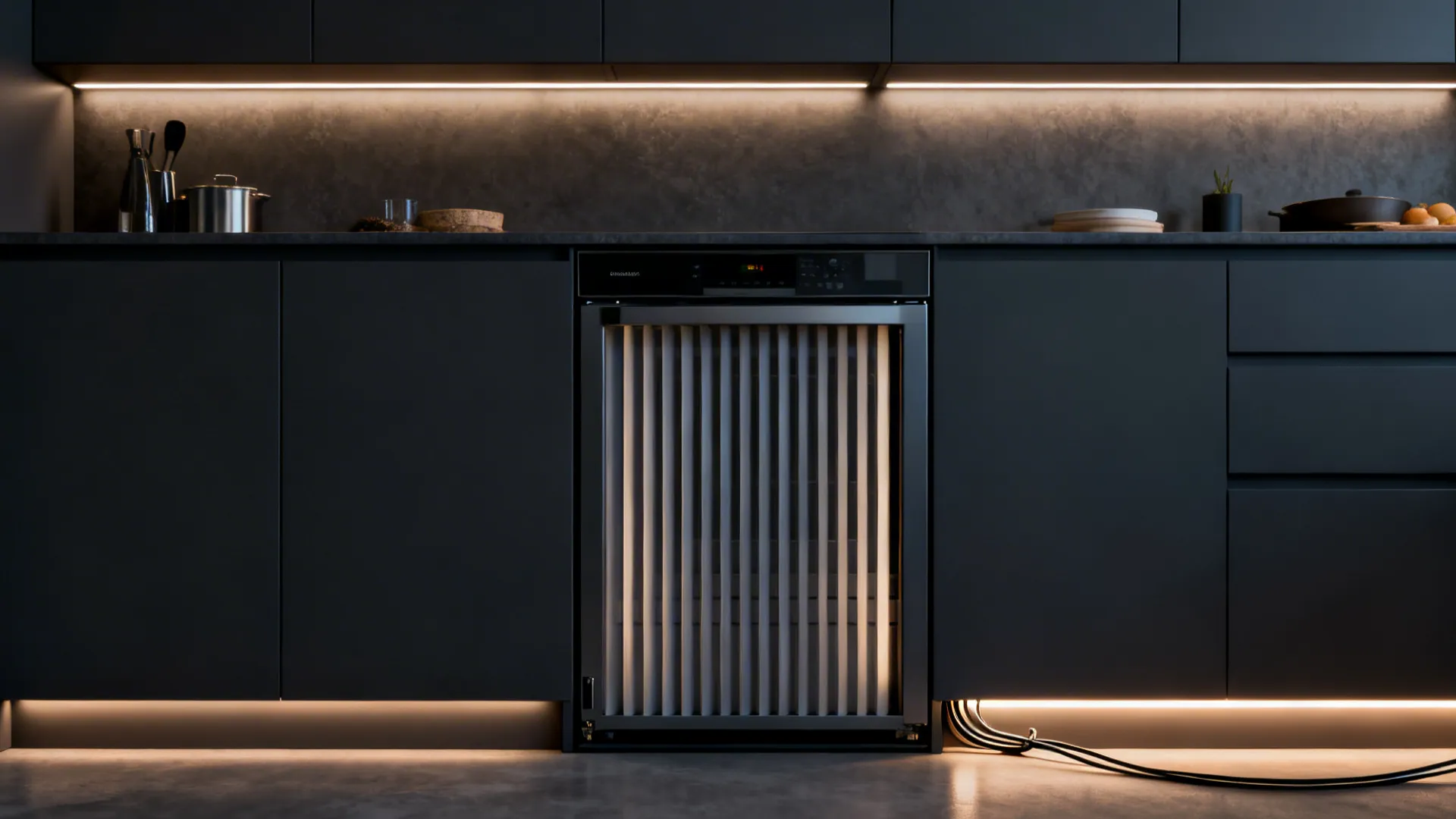 900 mm appliance garage with a vertical tambour shutter and layered lighting in a compact exhibit kitchen.