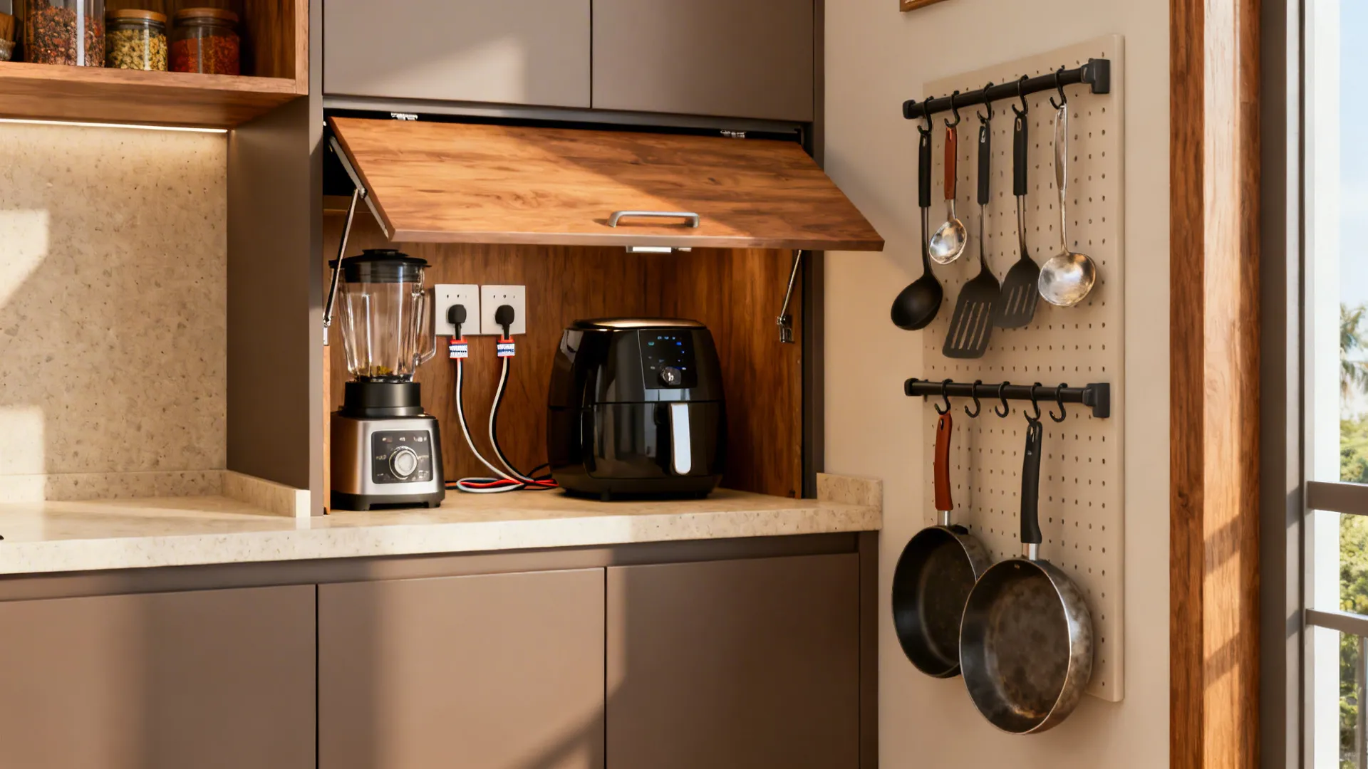 Small kitchen with a flip-up appliance garage and a tidy vertical rail for daily tools.