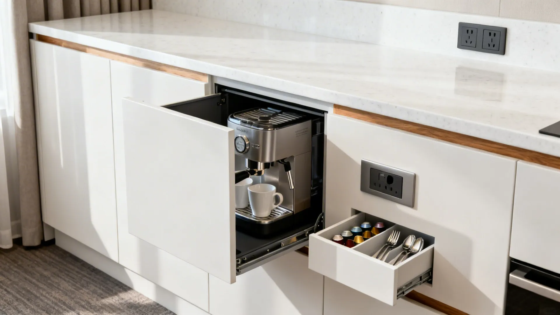 Counter with a sleek appliance garage open to an espresso machine, with hidden power and organized drawers.