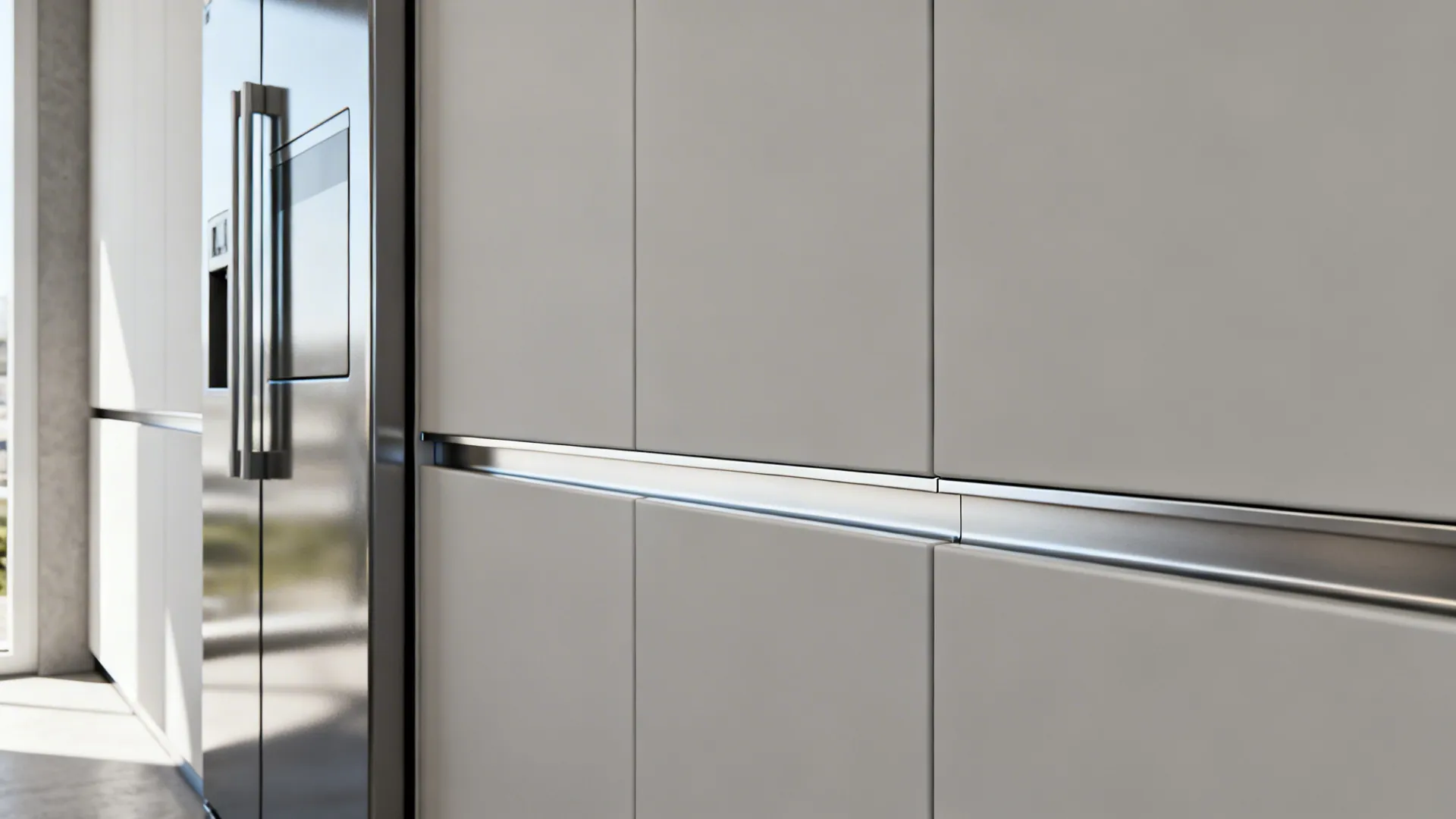 Detail of gypsum panels boxing a fridge with a clean shadow gap and protected corners.
