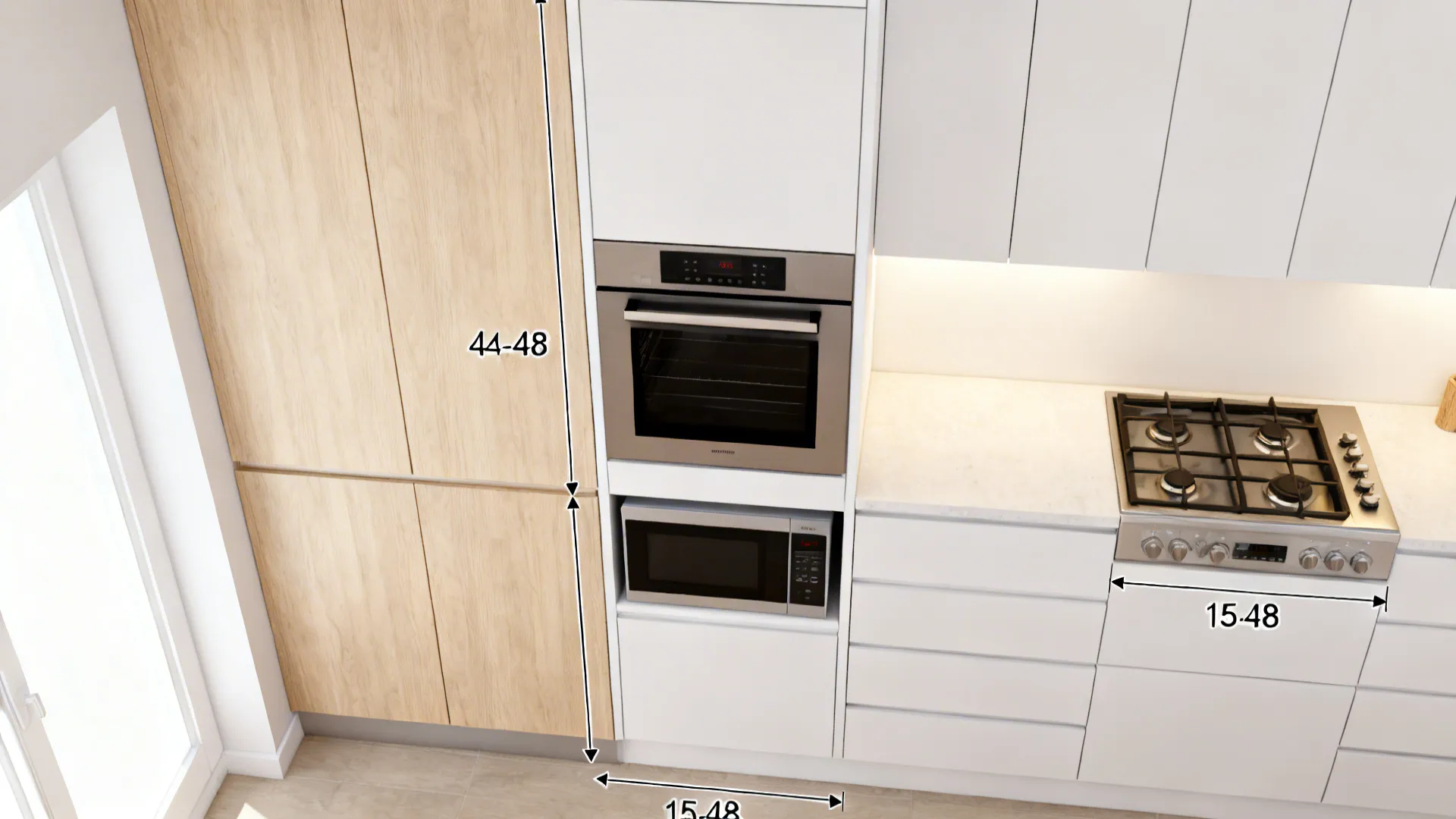 Top-down styled view highlighting oven centerline and low microwave within easy reach.