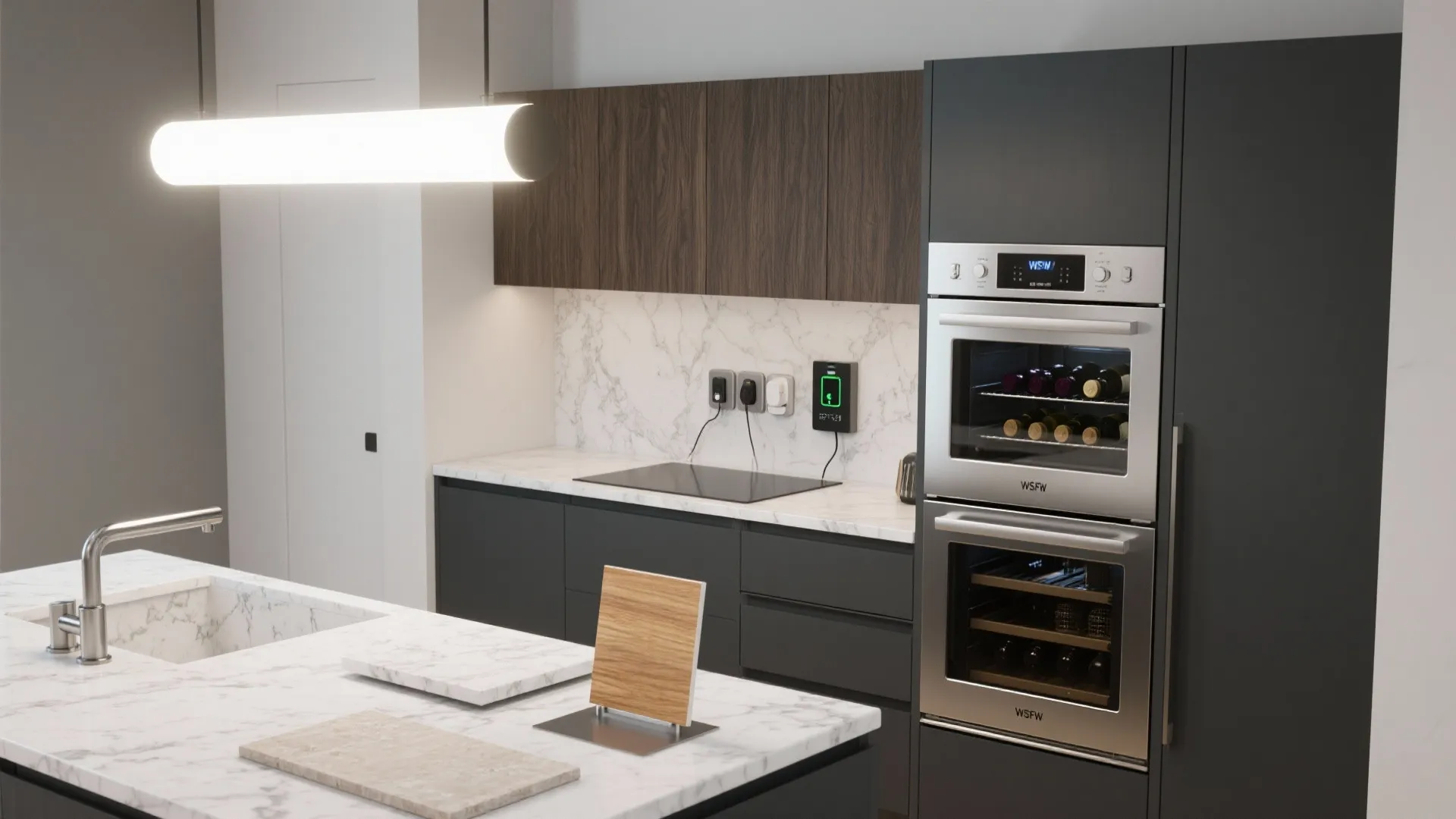 Flatlay of appliances and materials for integrated island hub