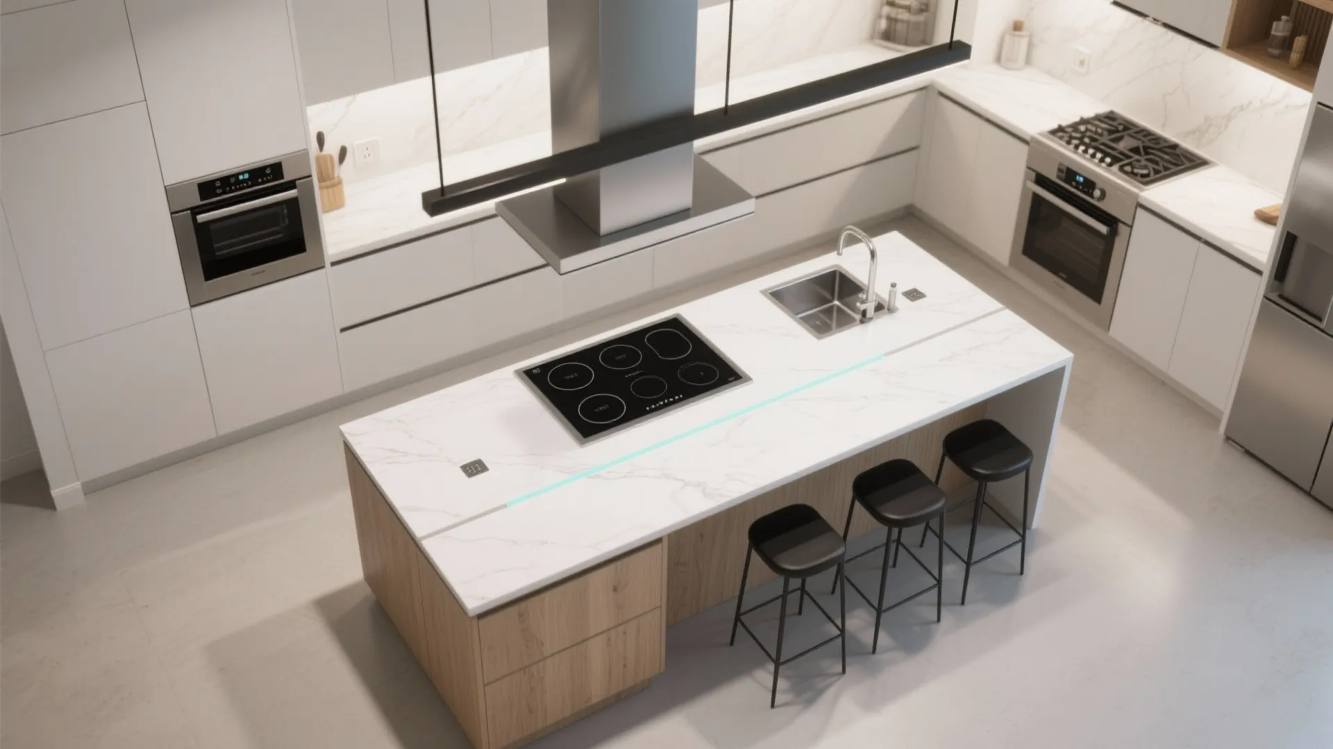 Idea 3: Appliance hub island with cooktop, sink, and downdraft