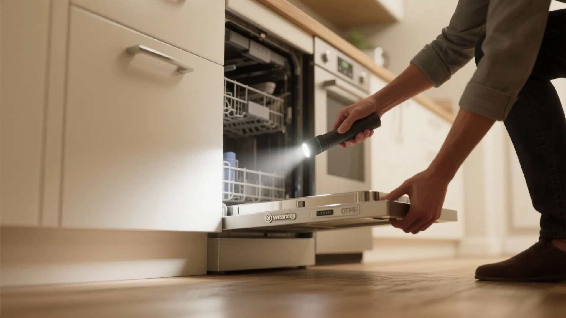 Person sliding out an appliance and inspecting crevices with a flashlight for early detection.