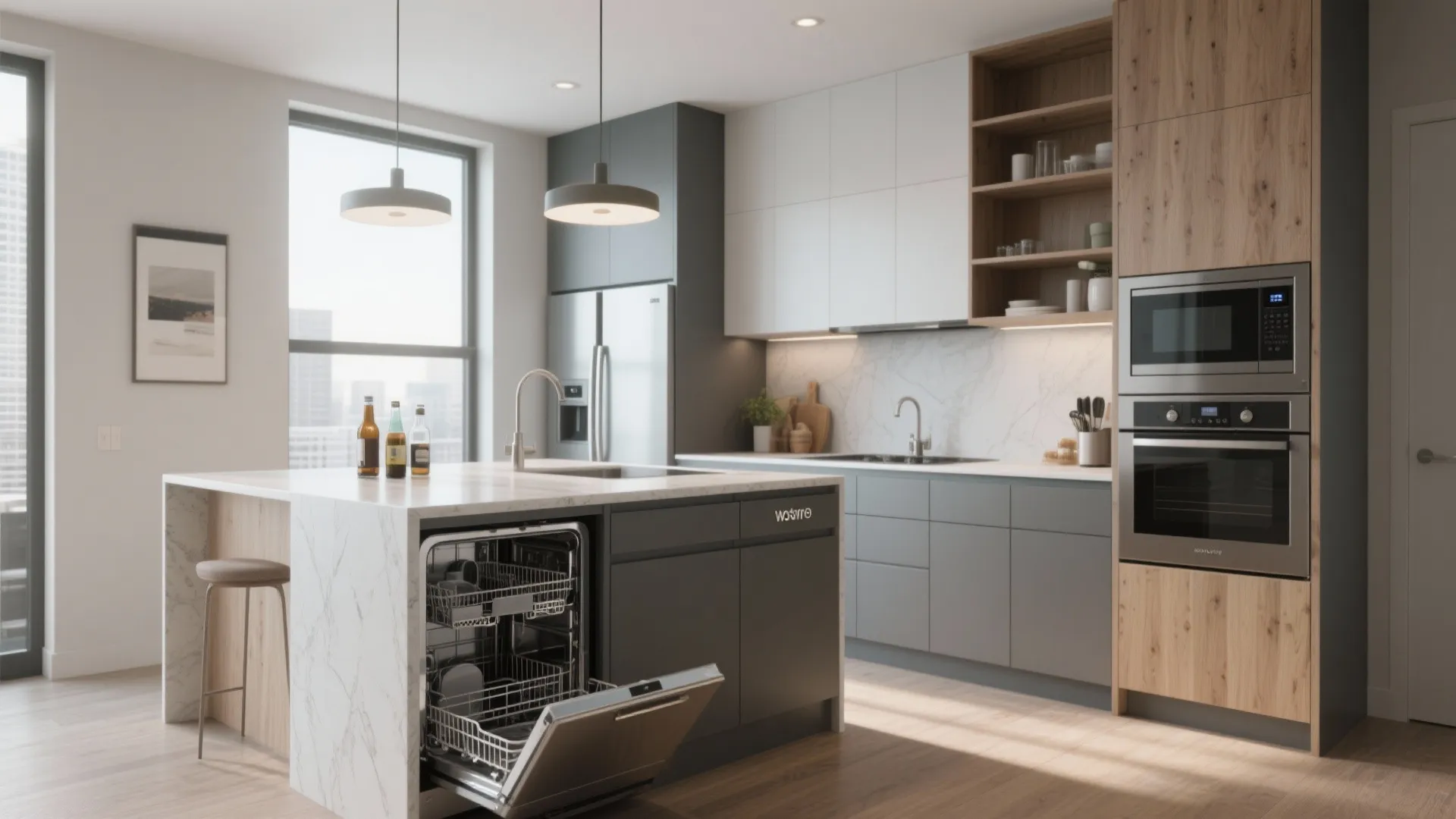 Compact kitchen island with integrated dishwasher, beverage fridge and under-counter oven, flush custom panels and service access.