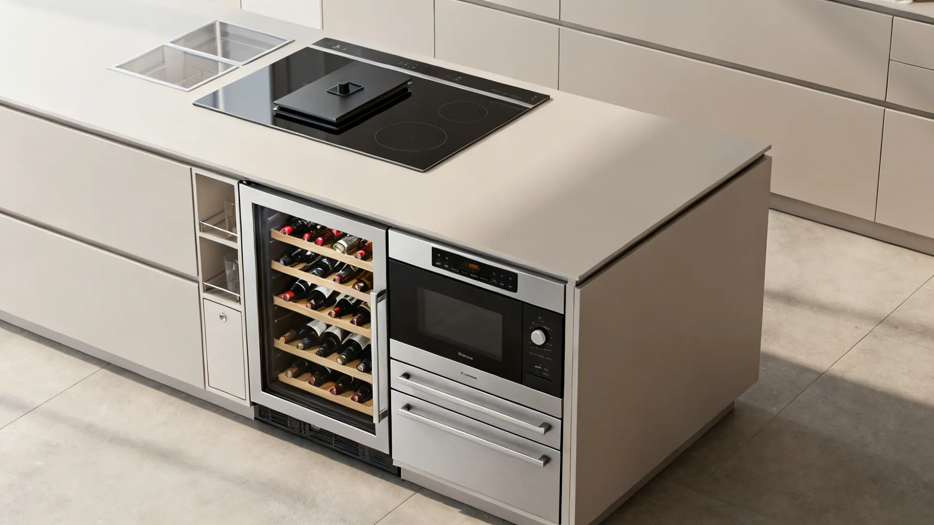 Kitchen island with integrated under-counter wine fridge, microwave drawer, and cooktop in an L-shaped layout.