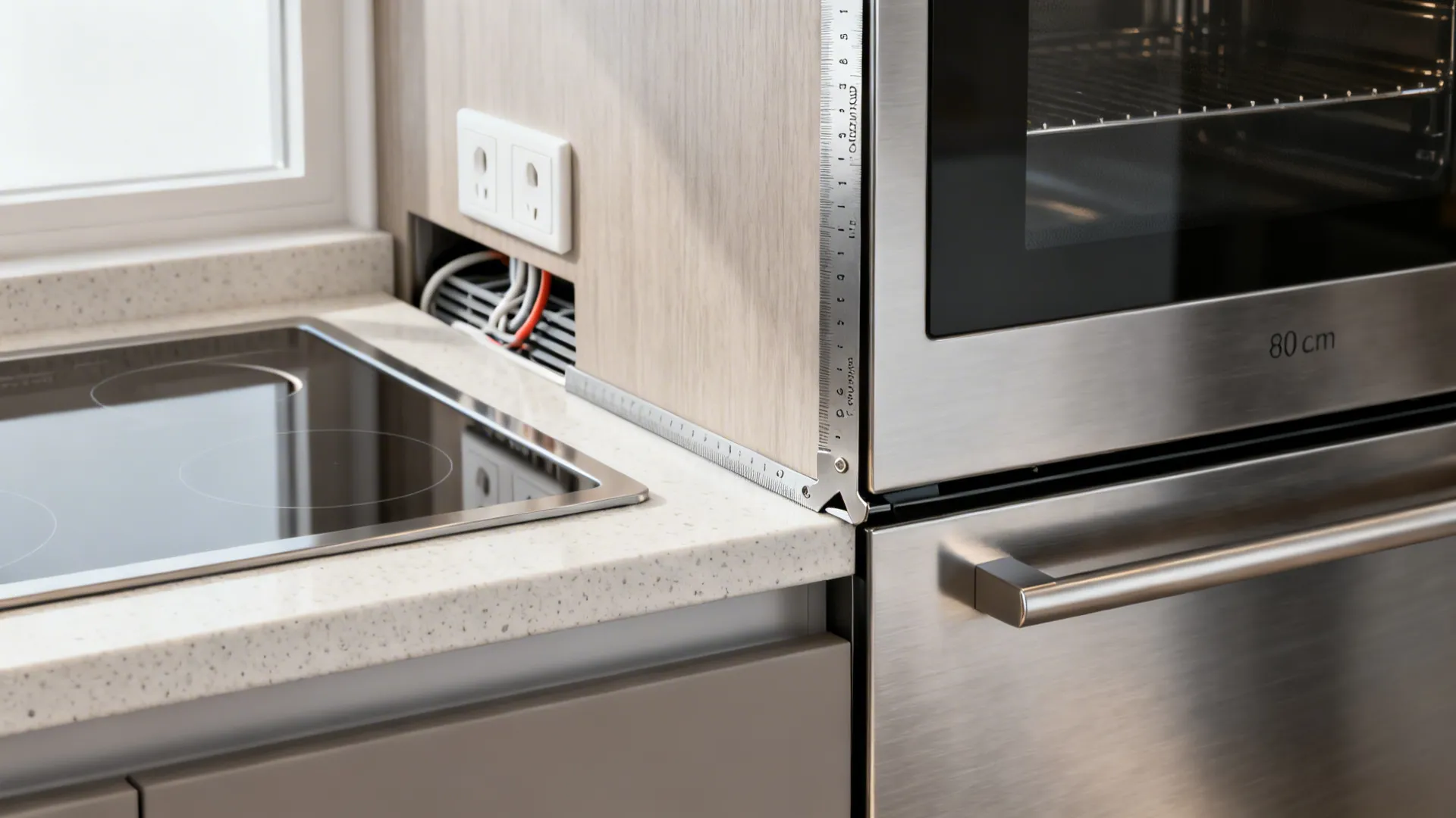 Macro detail of precise appliance cutouts and ventilation clearances in a compact kitchen.