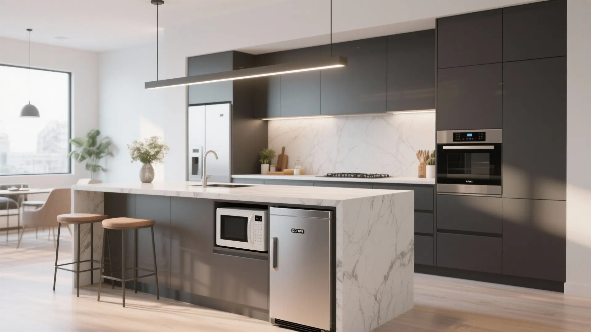 Dark grey kitchen island with marble top featuring built in microwave and small silver bar fridge