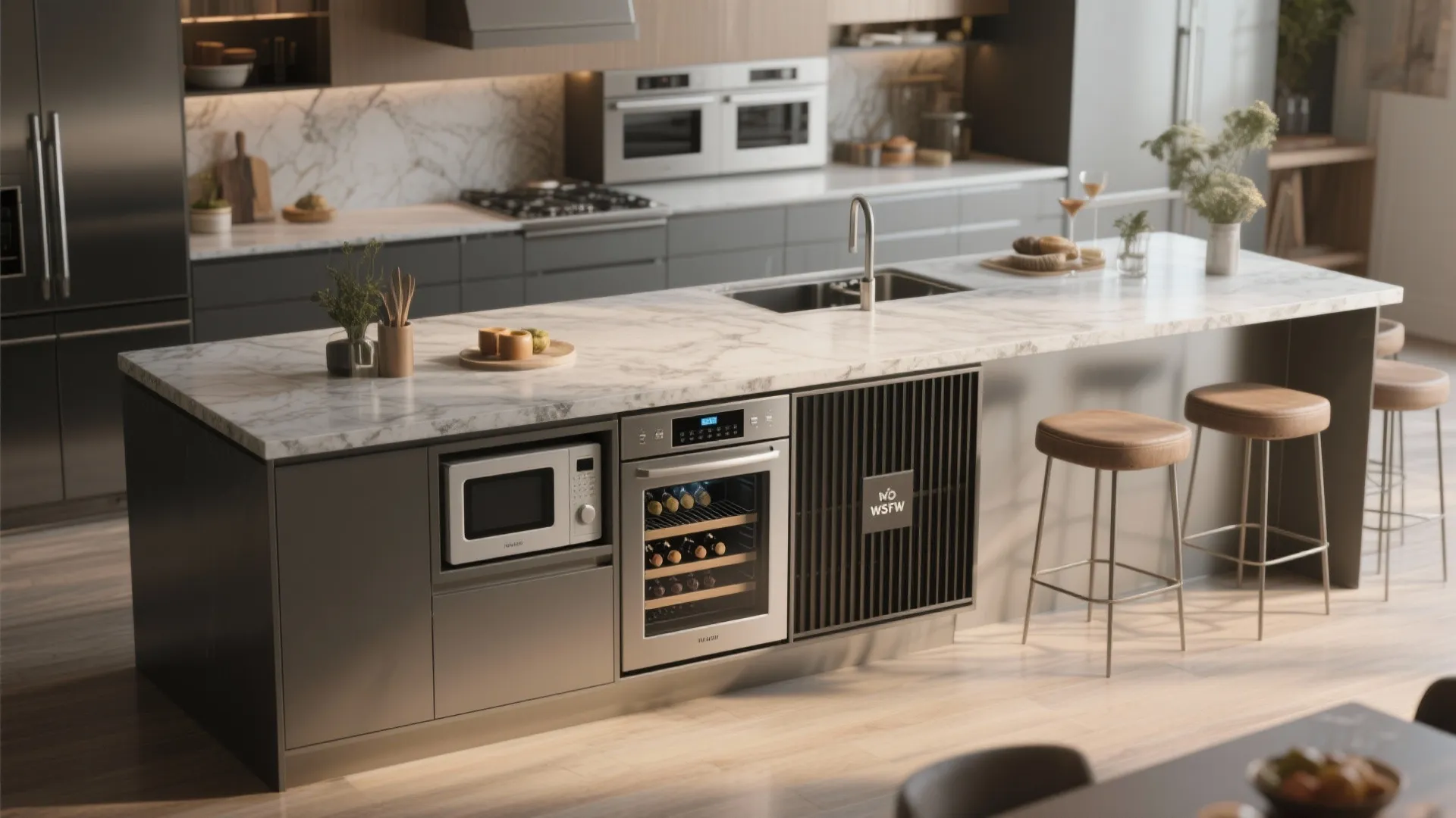 4. Integrated appliance island (fridge, microwave, wine cooler)