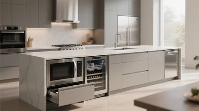 Modern Gray Kitchen with Marble Island & Integrated Appliances