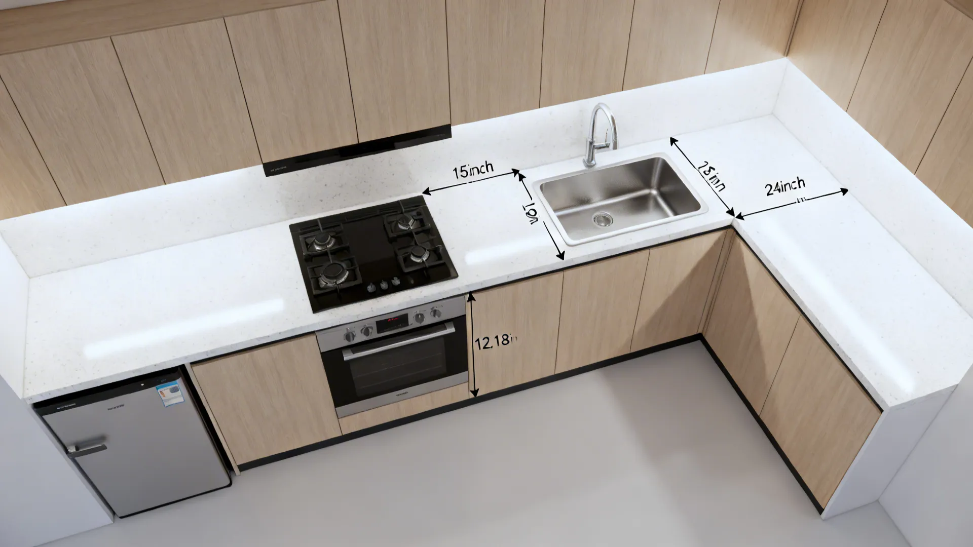 Top-down straight kitchen run showing sink, cooktop, and measured landing areas.